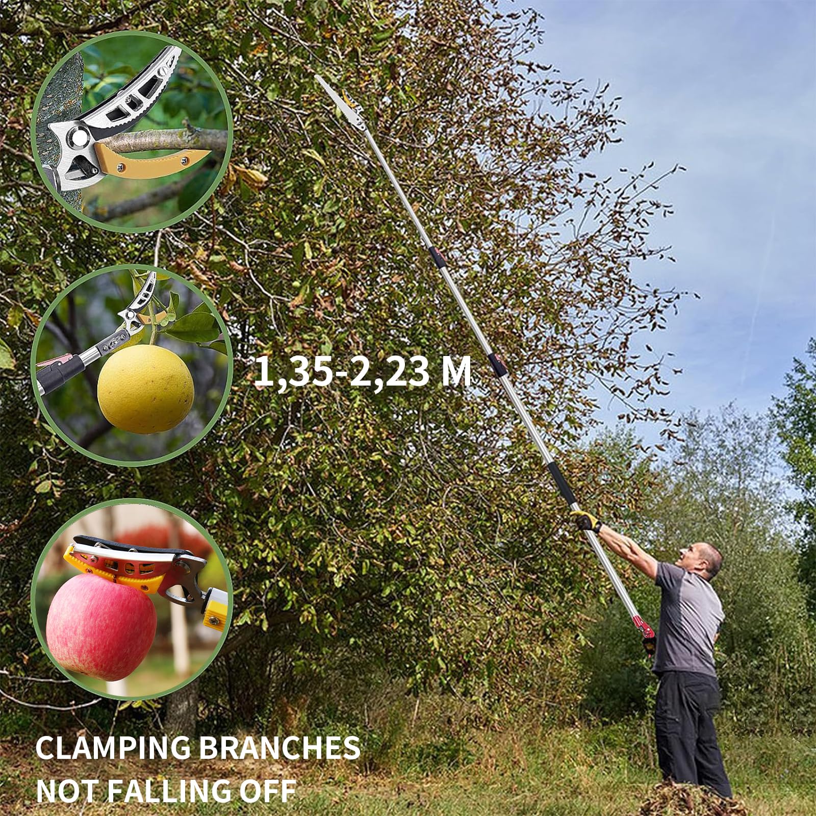 GARTOL Teleskop Astschere 1,3-2,2 m, Baumschere für frische Äste, Astschneider mit SK5 3D-Klinge, ausziehbar für hohen Baumschnitt und Obstpflückschere
