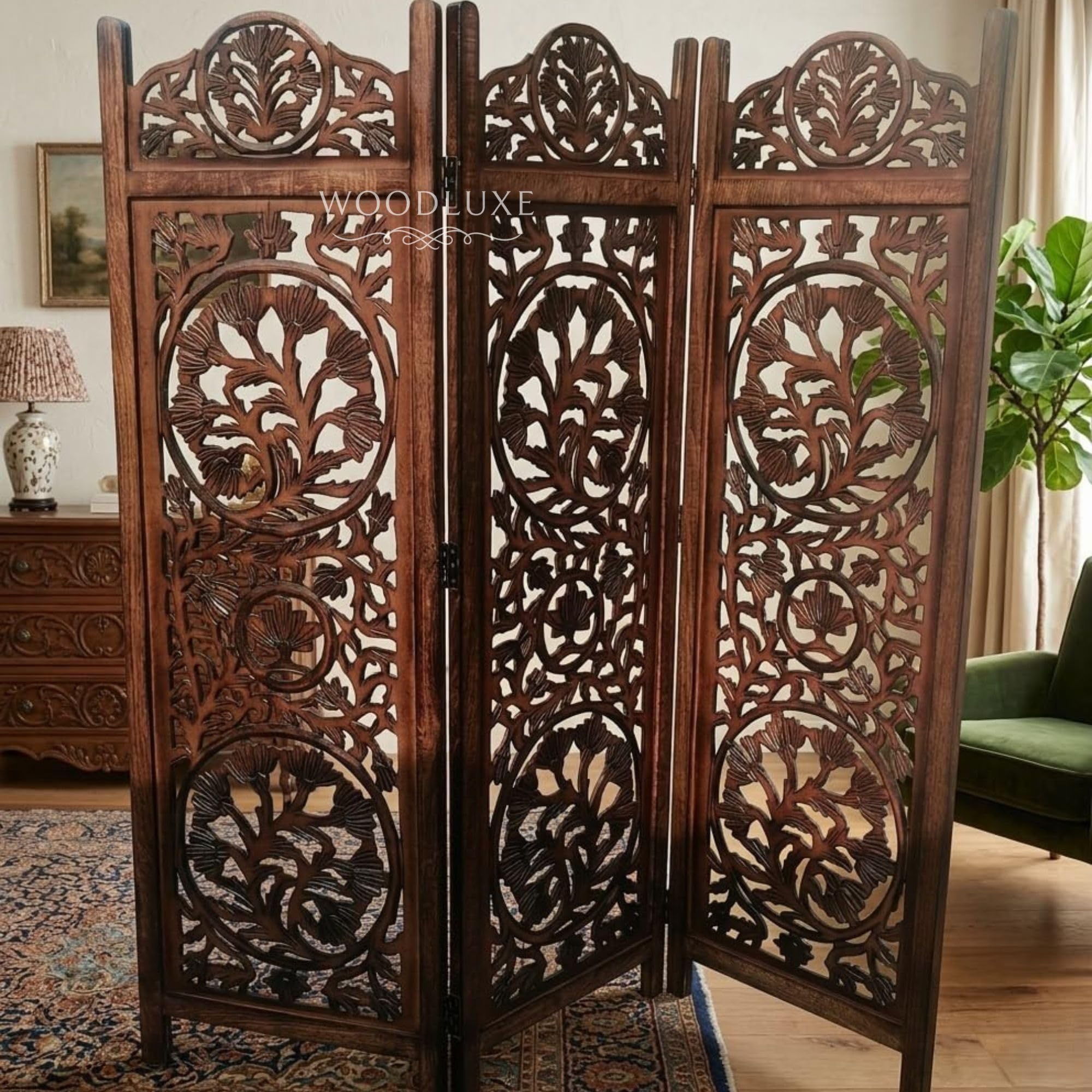 Handcrafted Solid Mango Wood 3-Panel Room Divider Dark Walnut Brown Finish Partition Hand-Carved Jali & Palm Leaf Designs Freestanding Folding Privacy Screen 5 ft Tall (Floral Jali 3 Panel)-image-24