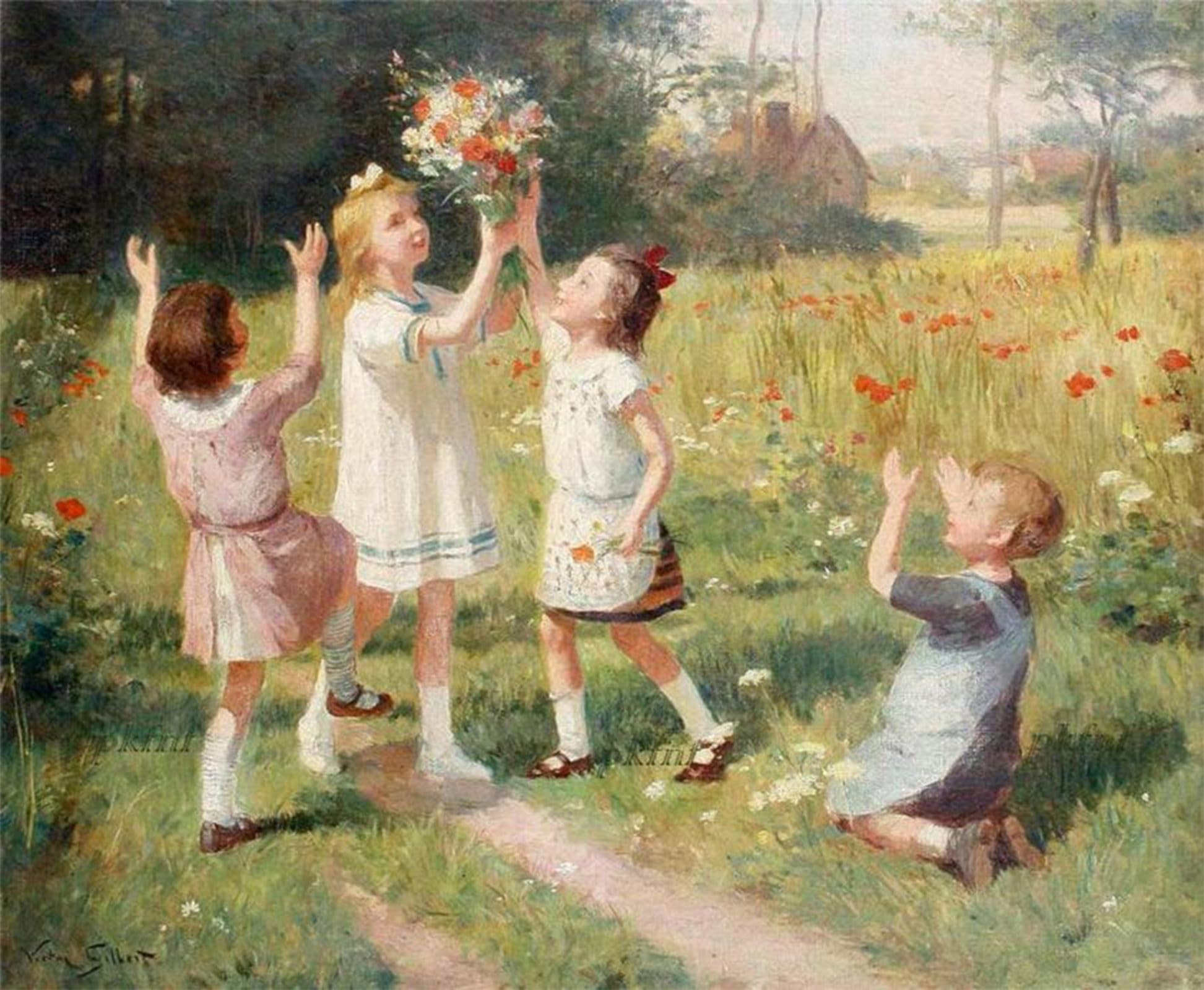 SERENDIPITP Vintage Wall Art Canvas Nordic Poster Canvas Print Picture Picking Wild Flowers by Gabriel Gilbert Wall Art Poster for Home Decor 60x90cm