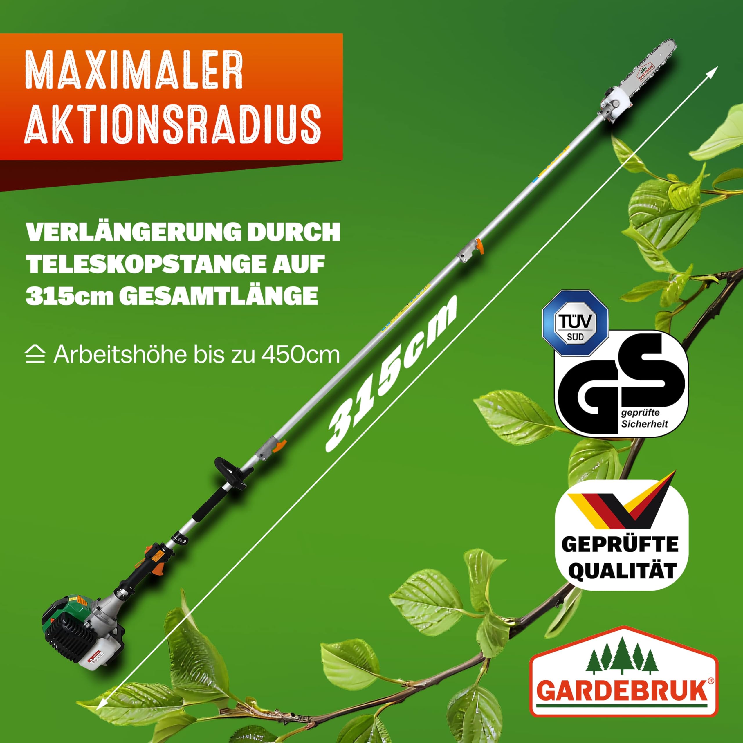 GARDEBRUK® Benzin Motorsense Freischneider 5 in 1 Heckenschere Rasentrimmer Hochentaster 2 PS Tragegurt verstellbar 1m Verlängerung