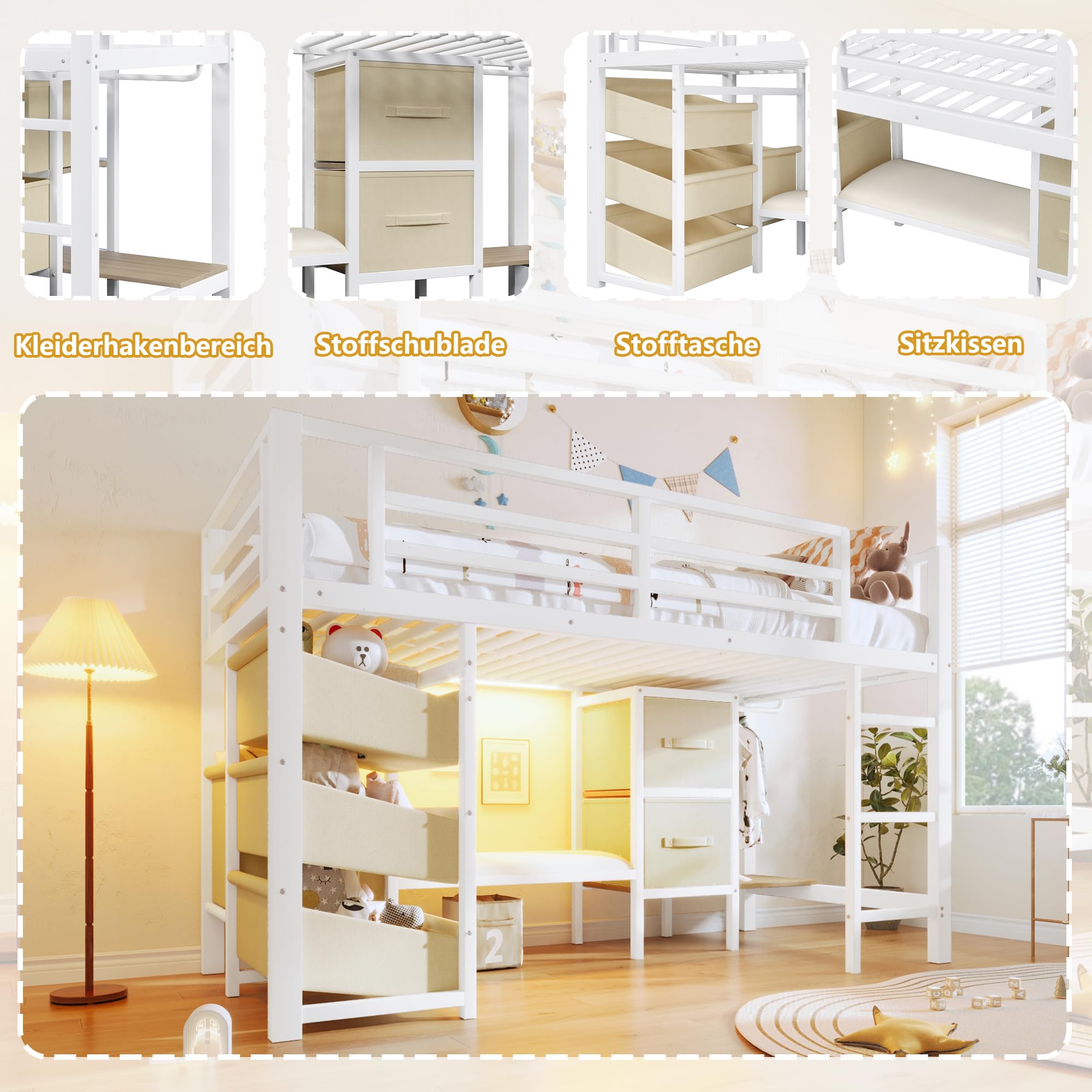 Lit enfant 90x200 avec LED,coussin d'assise,tiroir de rangement en tissu,sac de rangement en tissu,espace patère,lit mezzanine enfant en métal,cadre de lit mi hauteur 90x200 avec sommier (A-Blanc)