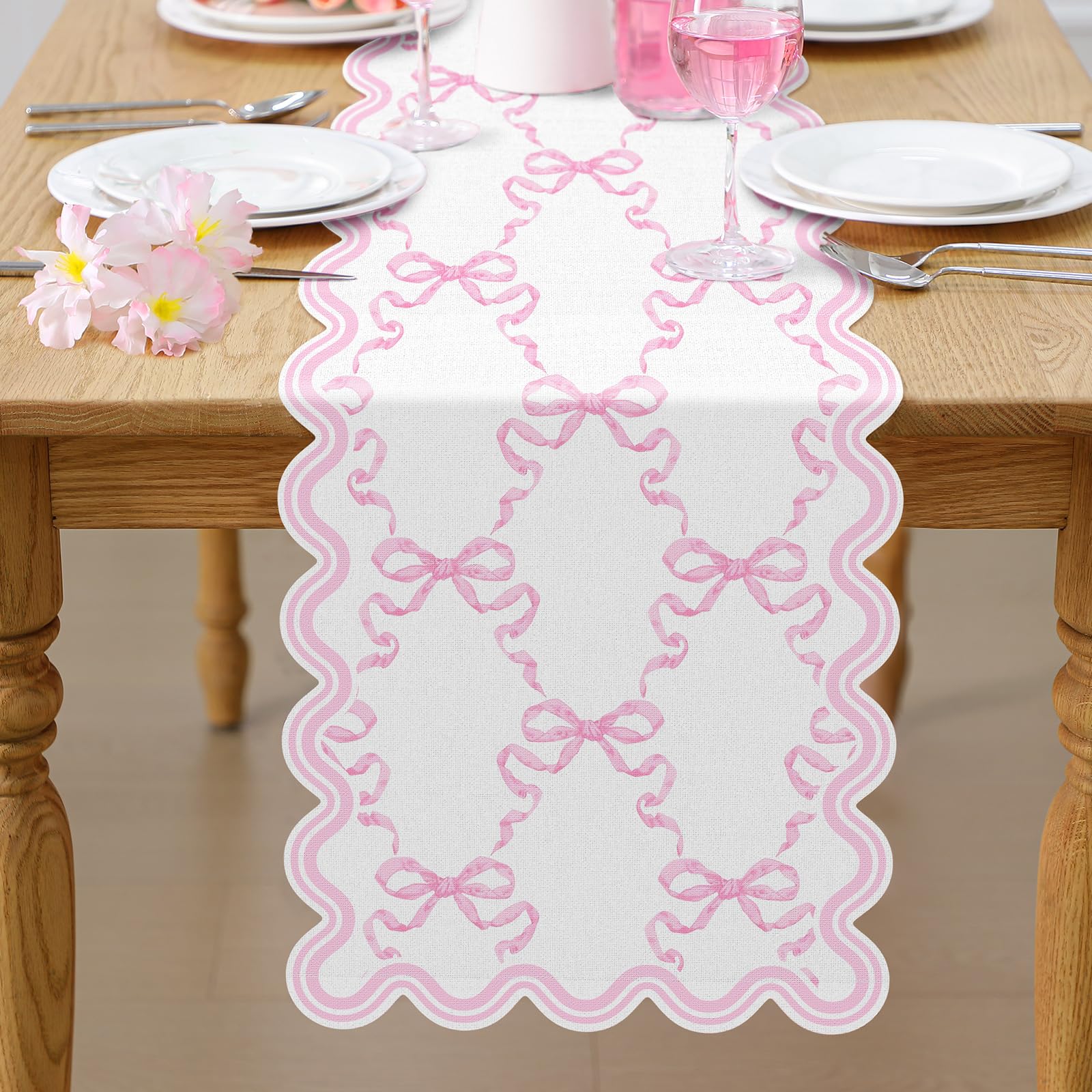 Windkream Pink Bow Table Runner 72 Inches Cute Heart Linen Fabric Scalloped Table Runner Coquette Dining Decor for Birthday Baby Shower Party