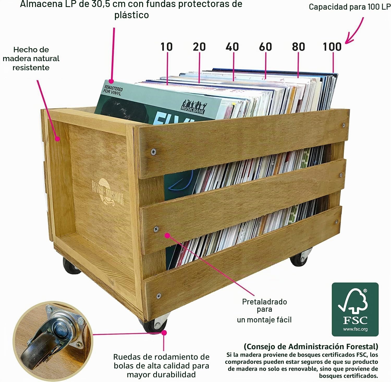Wooden 12 "LP vinil Records Storage Box con Capacidad máxima para 100 Discos en Ruedas (Manguitos de PVC), la Portada de Hesse Incluye 50 Chaquetas de Vinilo(Acabado de Teca)