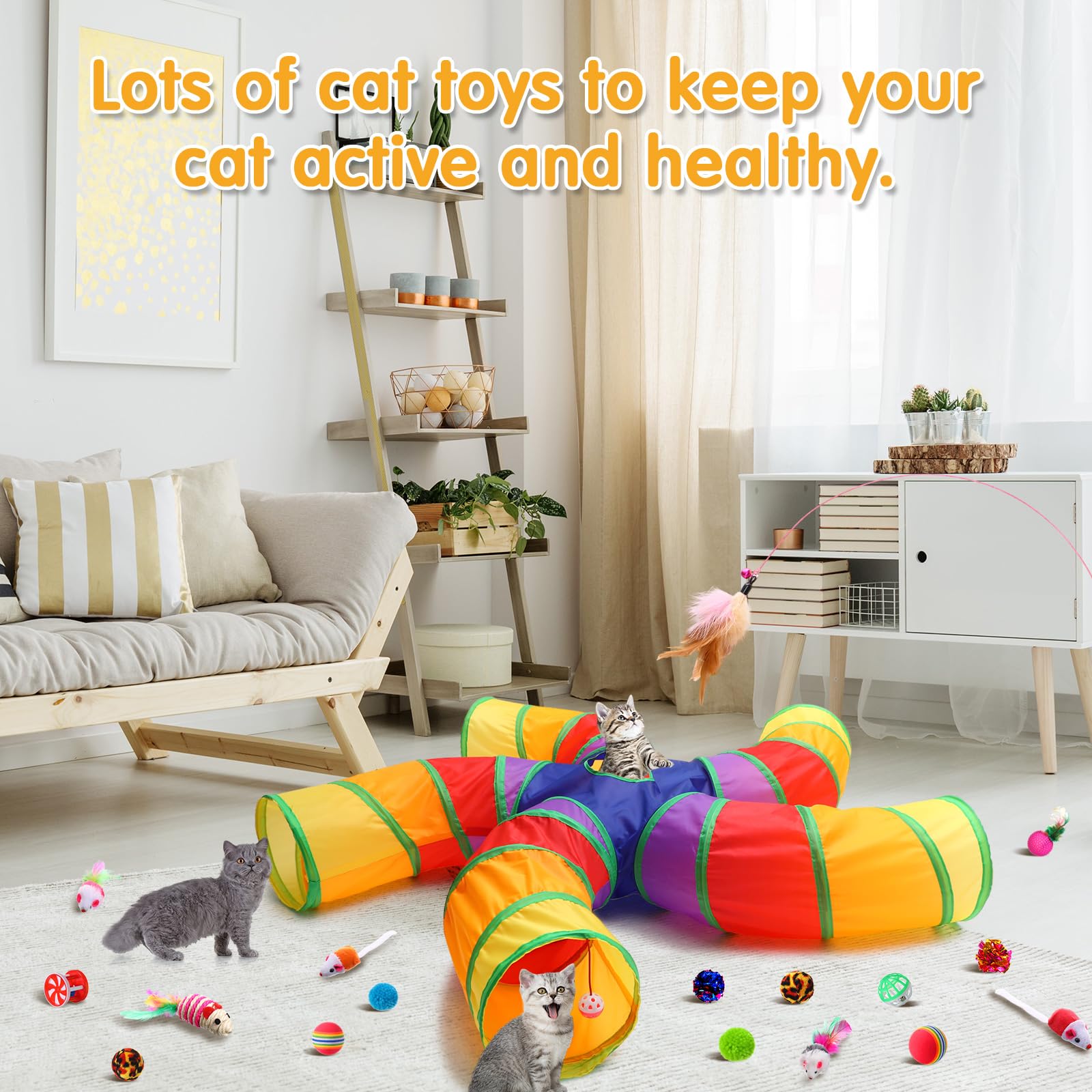 Poen Juego de 21 juguetes para gatos con túnel plegable de 5 vías para gatos de interior y 20 juguetes interactivos de plumas para gatos, bolas arrugadas, tubo grande para cachorros, gatitos, conejos