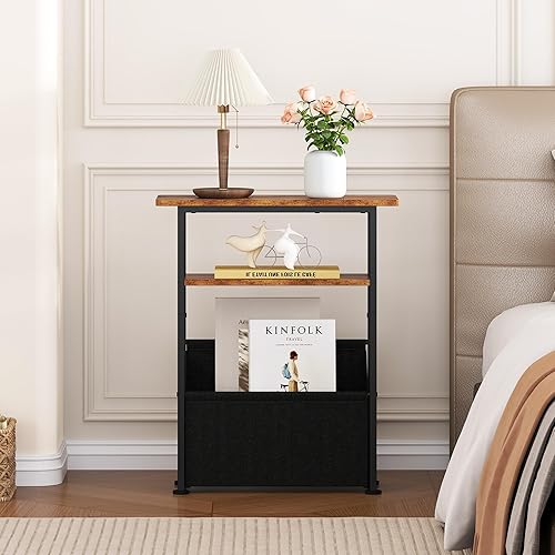 Miniatura 9 de Yusong Mesa auxiliar estrecha para espacios pequeños, mesa auxiliar delgada con cesta de almacenamiento, sofá delgado de 3 niveles, mesita de noche