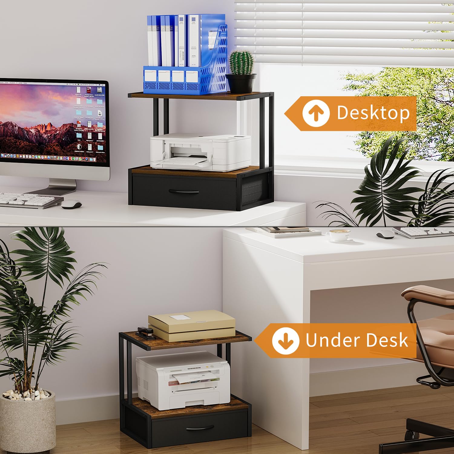 Soporte de impresora con almacenamiento para escritorio, con cajón de tela, soporte de impresora de escritorio, organizador para oficina en casa, para mesa de impresora sobre y debajo del 6