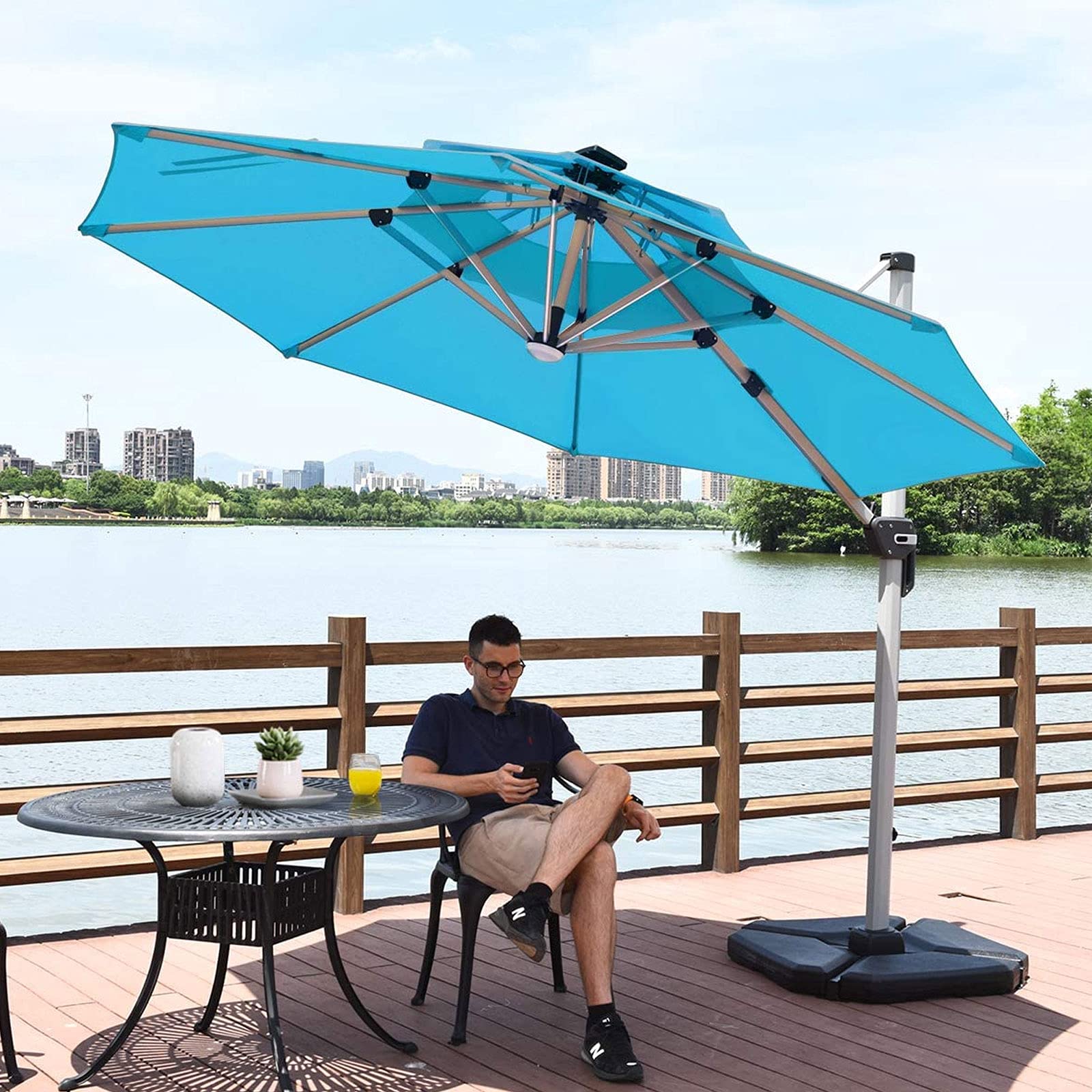 3m Parasol Ogrodowy Na Wsporniku, Parasol Na Patio Ze światłami Led Zasilanymi Energią Słoneczną, Parasol Wiszący Na Korbie Z Mechanizmem Pochylania Korby Ochrona Przed Promieniowaniem Uv,Beige