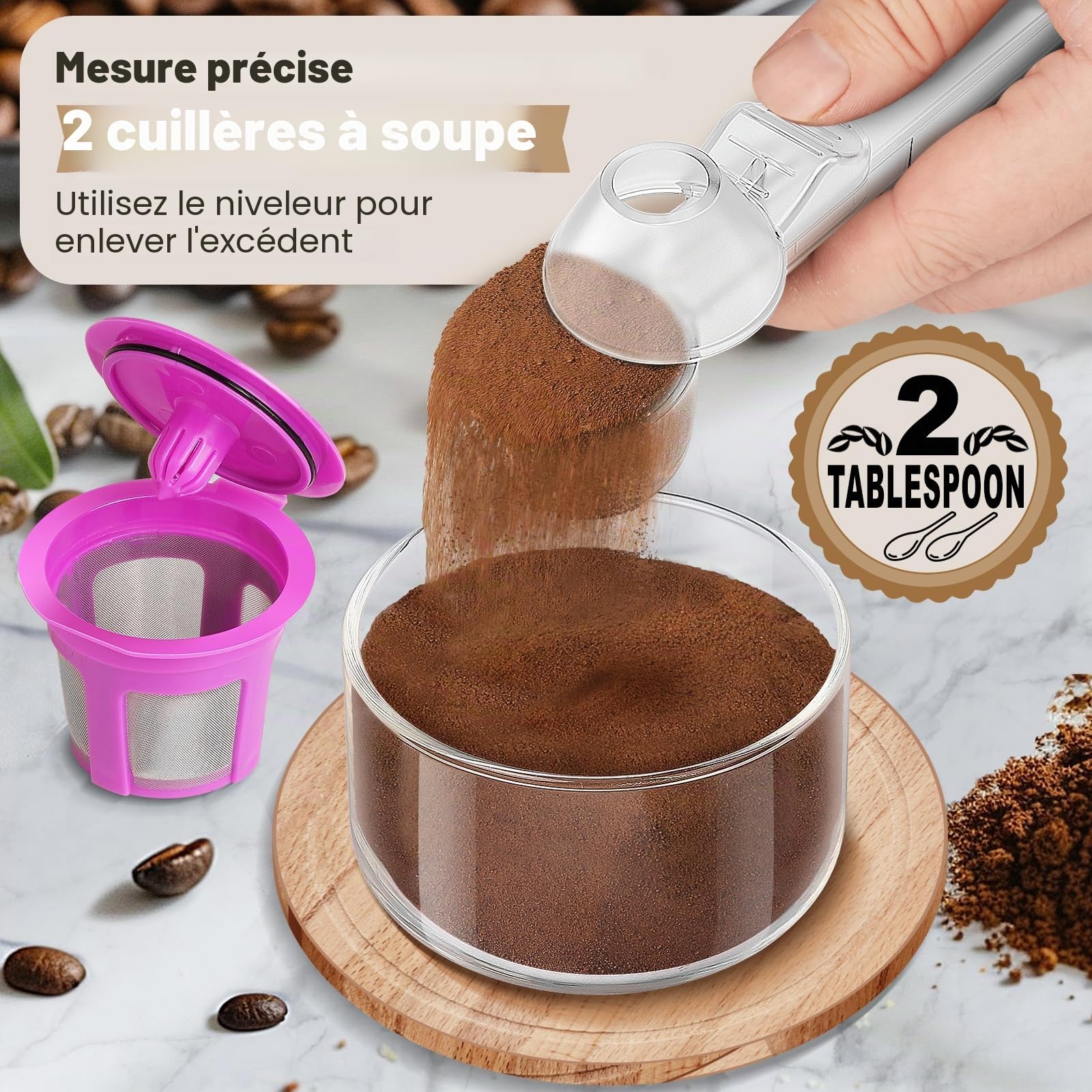 Lot de 2 cuillères à café et entonnoir pour dosettes de café réutilisables et rechargeables, capacité de 2 cuillères à soupe, pelle avec entonnoir pour café moulu, poudre de protéine, thé (transparent