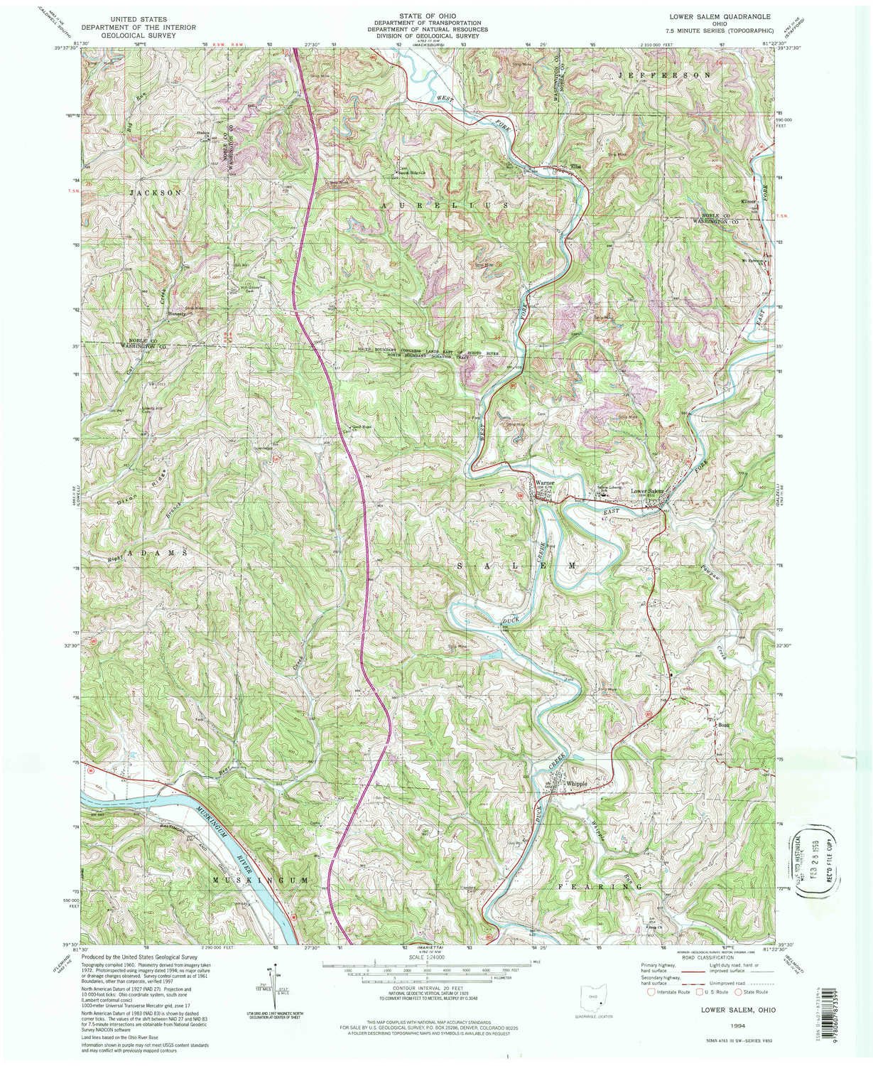 Lower Salem OH topo map, 1:24000 Scale, 7.5 X 7.5 Minute, Historical, 1994, Updated 1998, 26.8 x 22 in