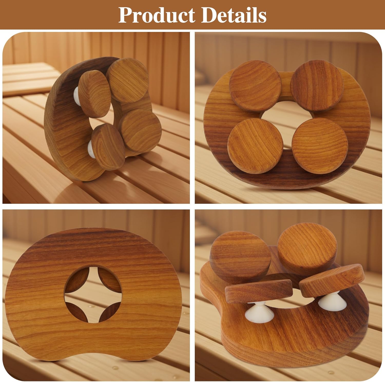 AIWFL Wooden Sauna Pillow 4-Point Sauna Headrest with Rotatable Disc, Comfortable Sauna Accessory for Stiff Neck, Shoulder Pain, Head Health and Relaxation