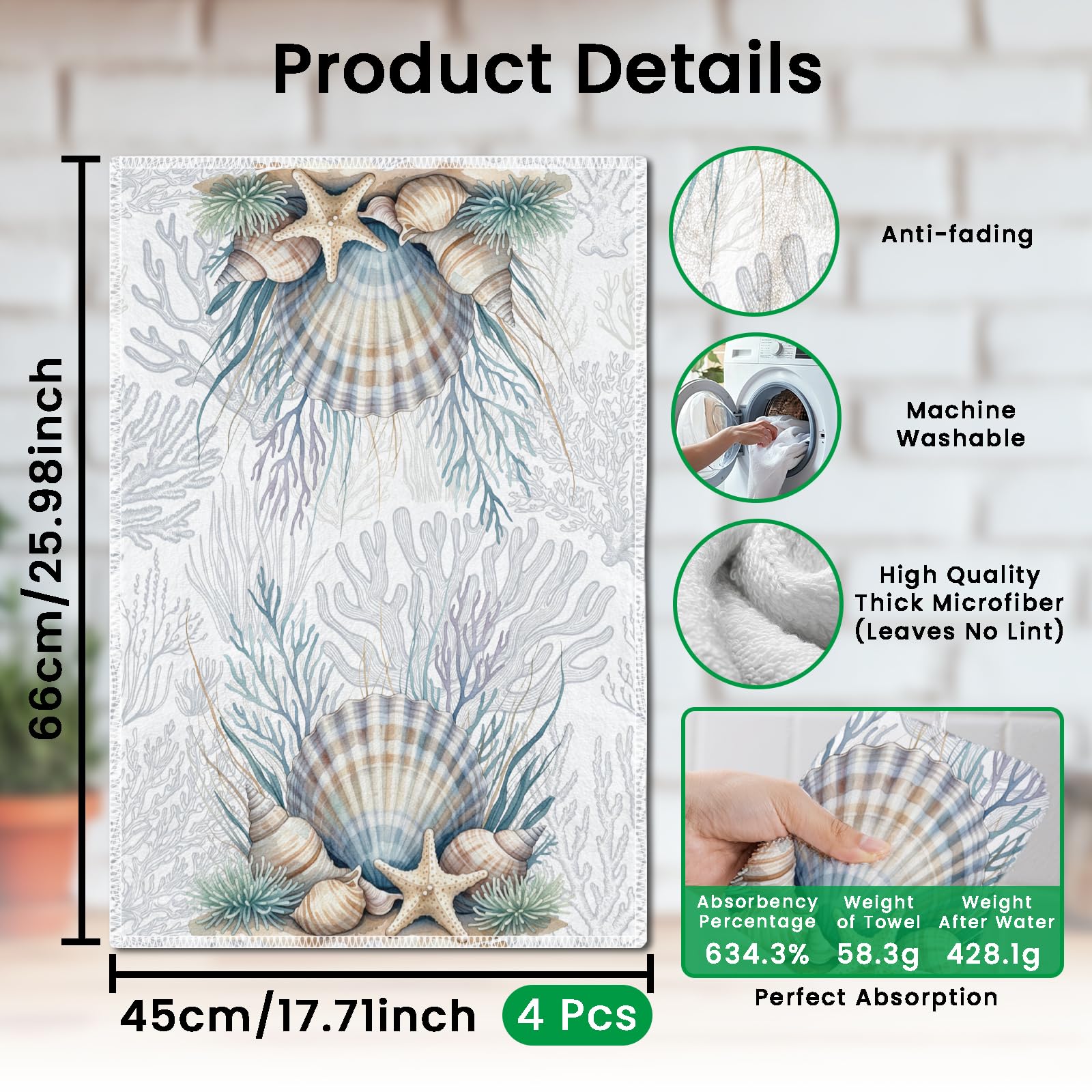 CUTHOLLOW 4er-Set Geschirrtücher mit Muscheln und Koralle mit Seestern Motiv - Weich & Saugfähig - Deko Trockentuch Microfaser für Küche, Tee, Kaffee, Bar, Zuhause, Geschenk zur Einweihung, Geburtstag