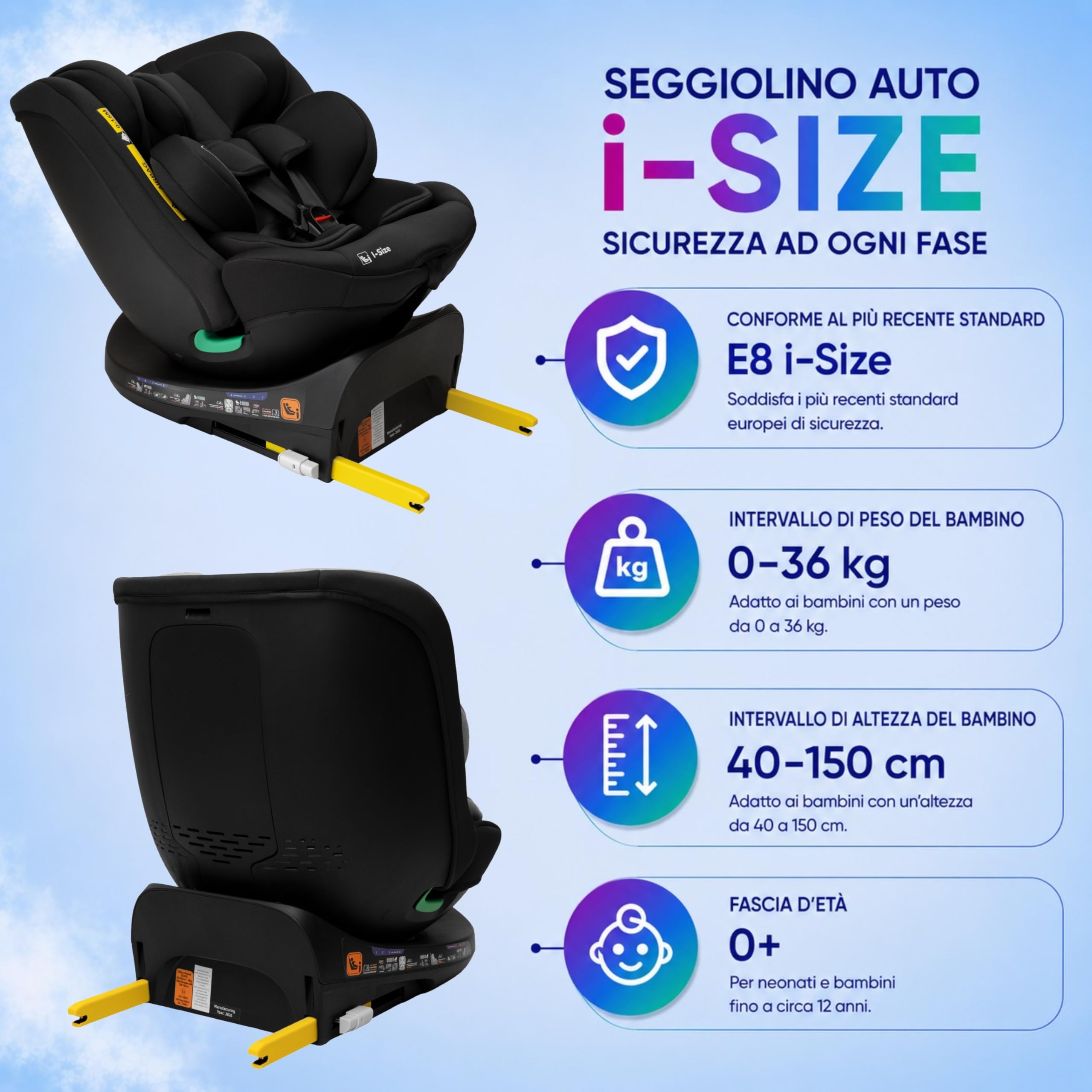 KidsZone Seggiolino Auto 0-36 kg Isofix Girevole 360° - 0-12 anni Gruppo 0/1/2/3 40-150 cm i-Size - Schienale Reclinabile In 8 Posizioni, Regolazione Del Poggiatesta (24 Cm)