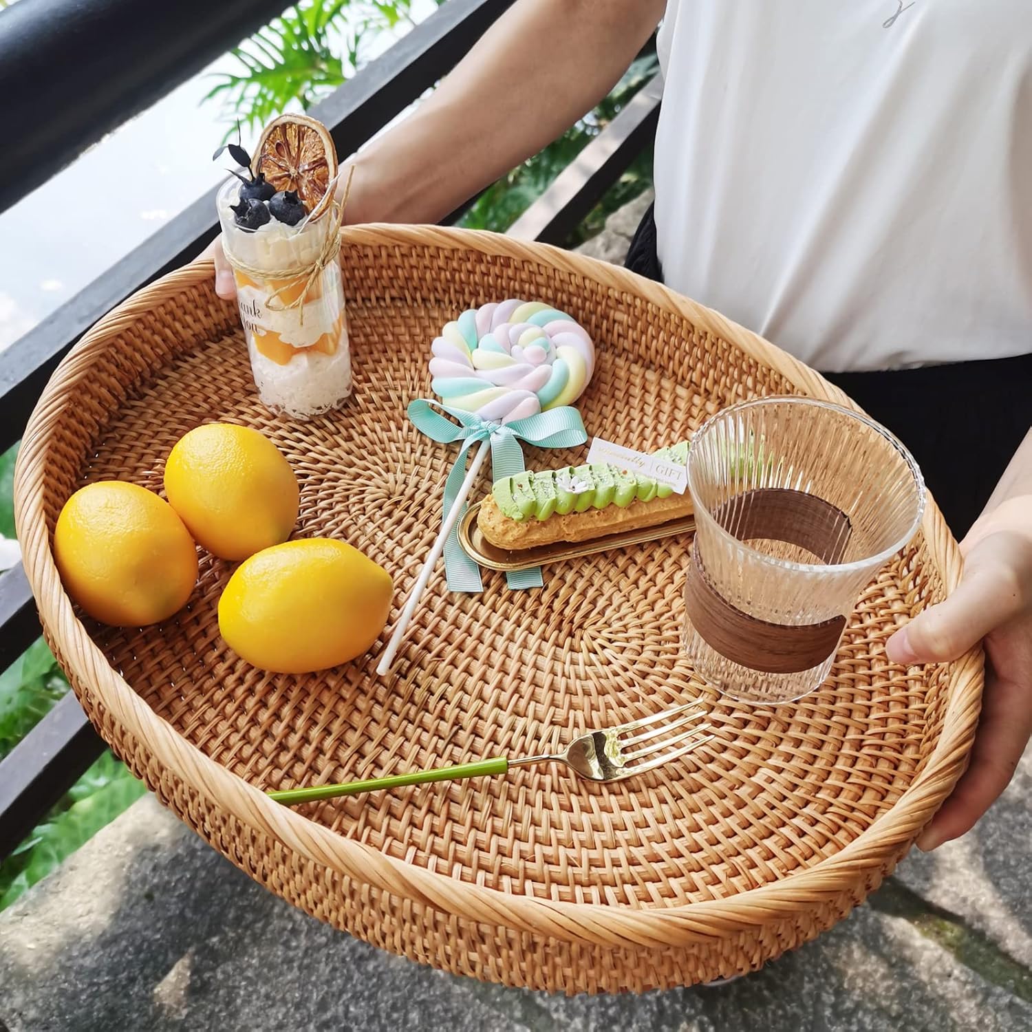 i-lan 16inch Oval Rattan Kitchen Table Severing Tray,Large Handmade Decorative Wicker Living Room Ottoman Platter for Snacks,Fruit,Drinks,XL-16x12x2.4 Inch - Image 5