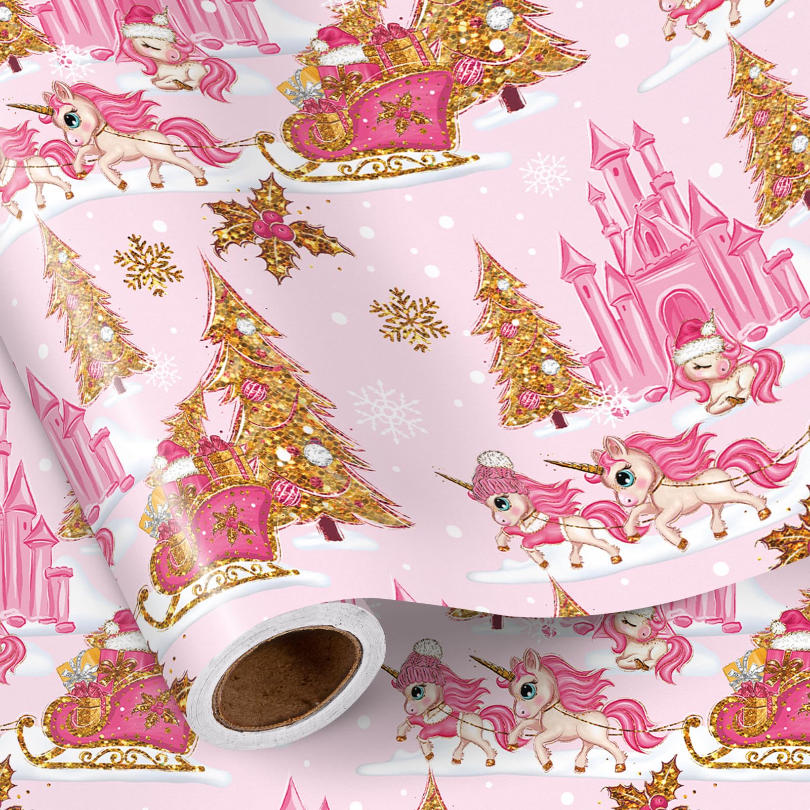 RUSPEPA Princess Christmas Wrapping Paper Roll, Mini Roll, Unicorn Sleigh, Castle and Golden Tree Design, Pink Gift Wrap for Girls, Kids, Friends, Family, Xmas, Holiday Party, 76cm x 10m