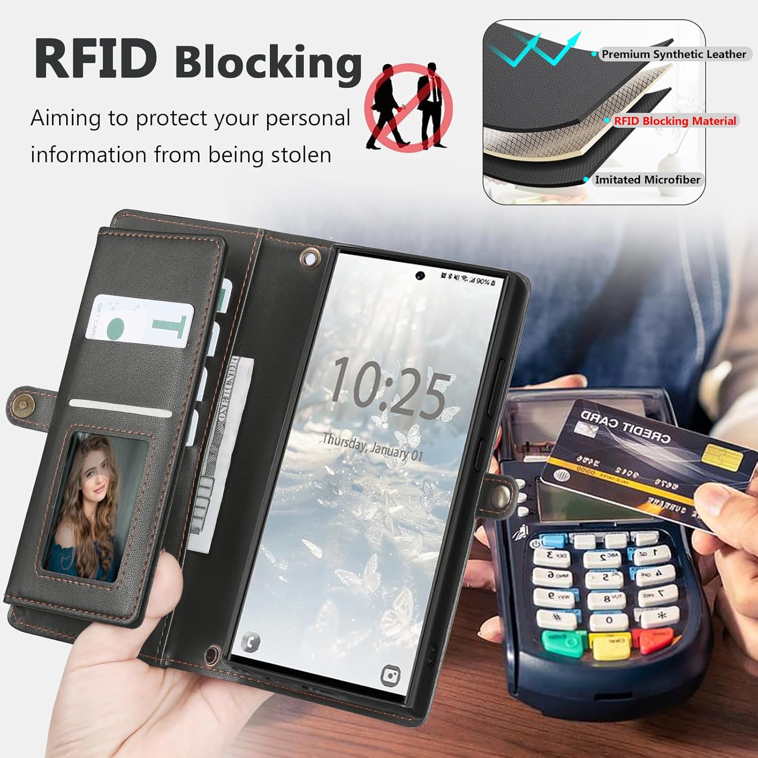 Wallet Case for Samsung Galaxy S24 Ultra with Card Holder/Crossbody Wallet/Strap| RFID Blocking | Magnetic | Kickstand | Detachable | PU Leather Phone Case for Galaxy S24 Ultra,6.8 in,Black
