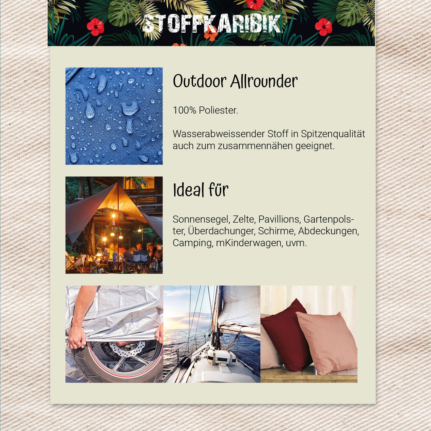 VmG-Store Wasserdichter Markisenstoff Polyesterstoff 147cm Breite Outdoor Stoff aus Polyester für Markise Polster Vorhang formstabil reißfest wasserabweisend (006 Ecru, 4m)