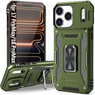 Olive Green Phone Case Compatible with i Phone 17 Pro Max & i Phone 18 Pro Max Case with Camera Lens Cover & HD Screen Protector, with Ring Holder Kickstand, fit Magnet Car Mount