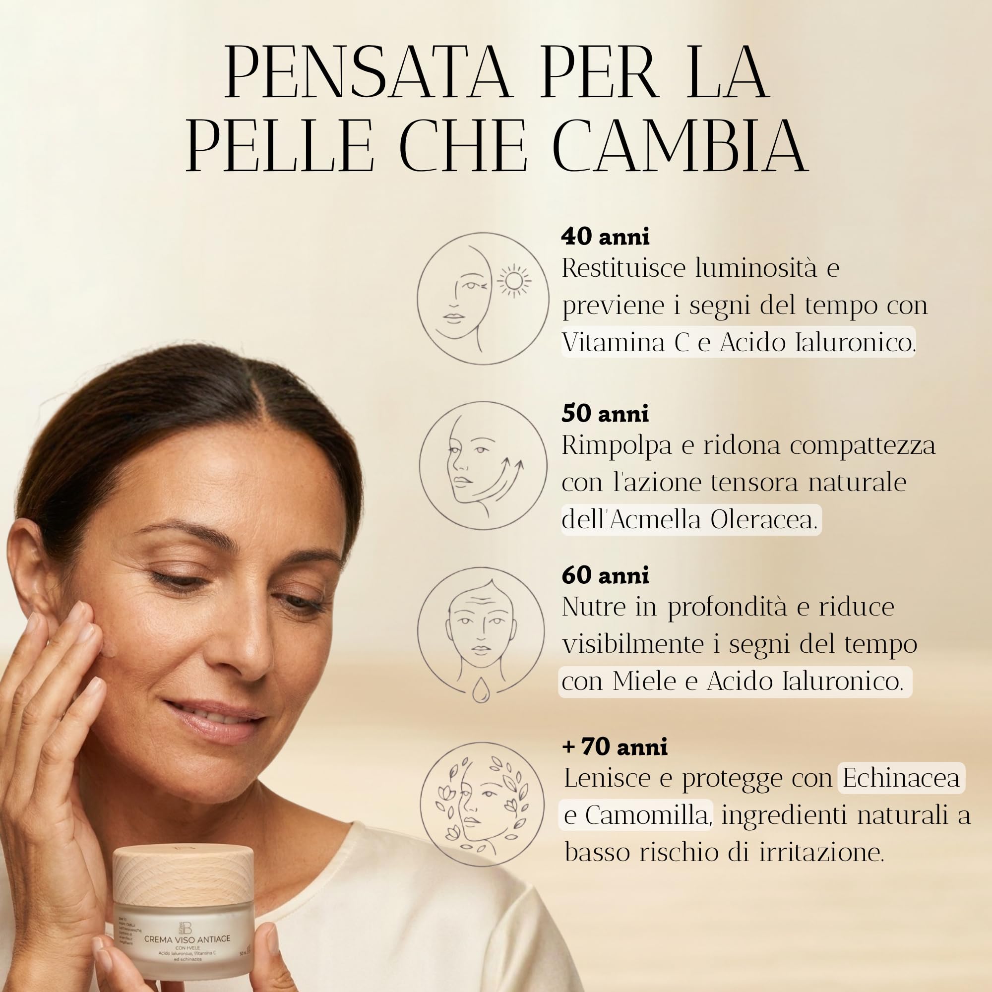 BiBee - Crema Viso Antirughe 60 anni con Acido Ialuronico e Miele 50ml
