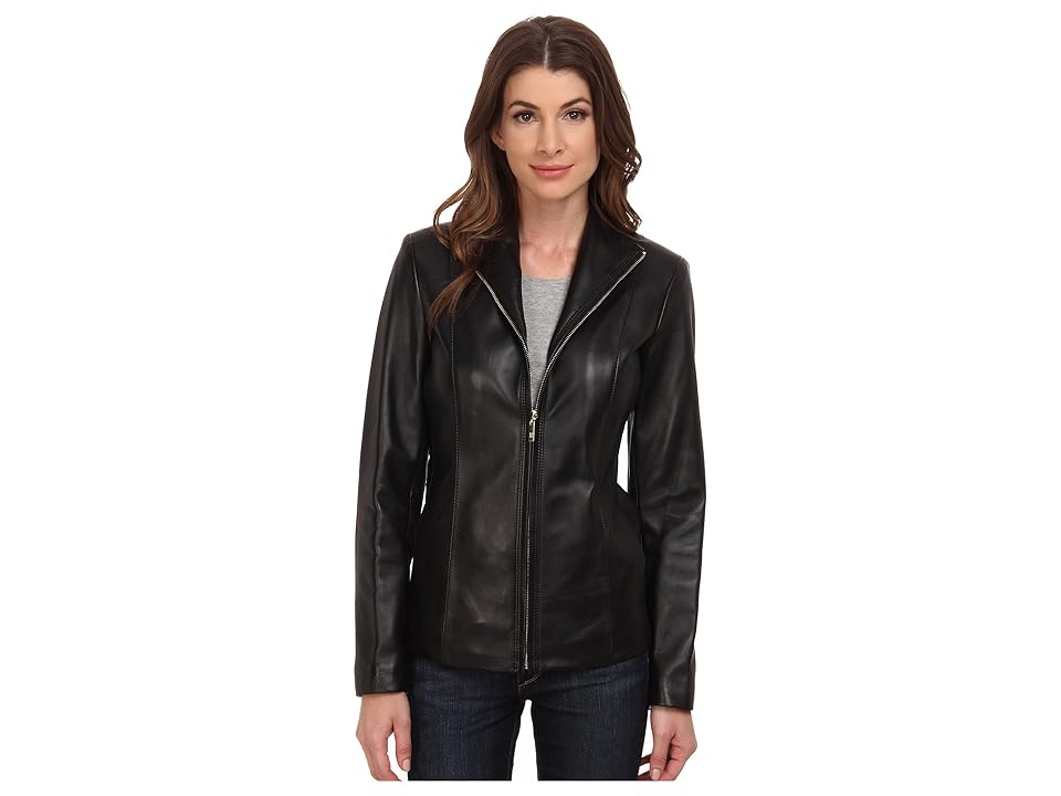

Cole Haan Wing Collar Leather Jacket (Black) Women's Coat