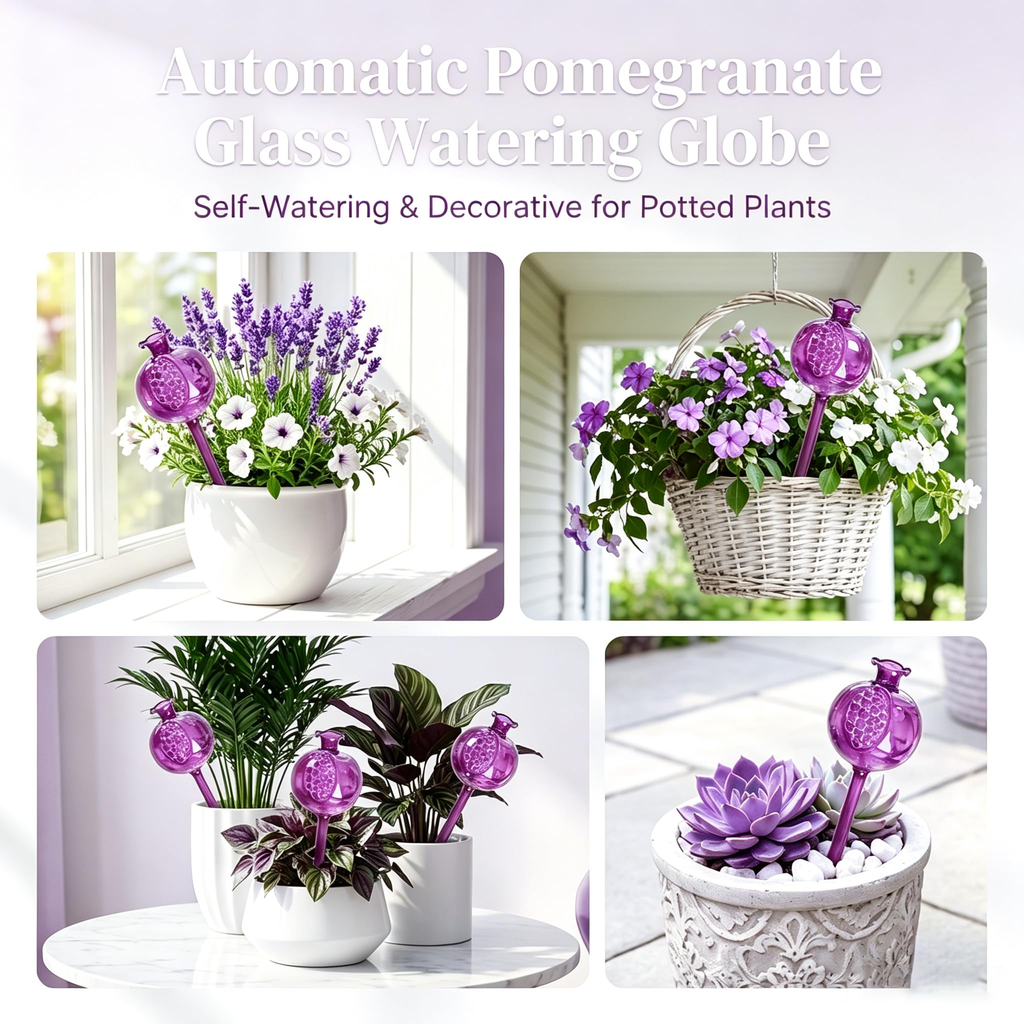Lot de 3 globes d'arrosage automatique en verre violet en forme de grenade, arroseur automatique pour plantes d'intérieur pendant 5 à 7 jours, globes d'arrosage réglables en verre pour