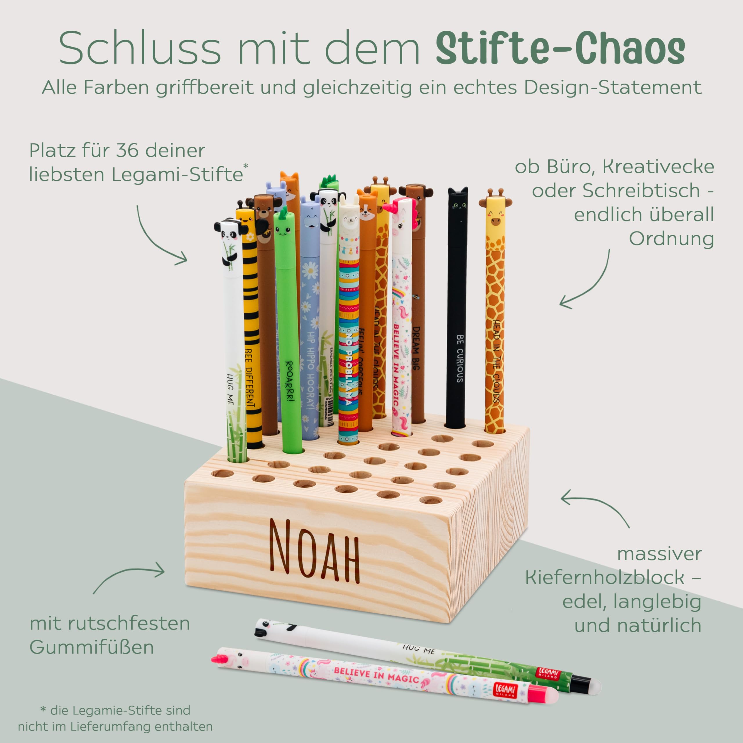 wunderwunsch Stiftehalter für Legami und co aus stabilem Holz, Stifthalter für Buntstifte Kinder Schreibtisch als Geschenk zur Einschulung und Grundschule (mit Name, quadratisch)