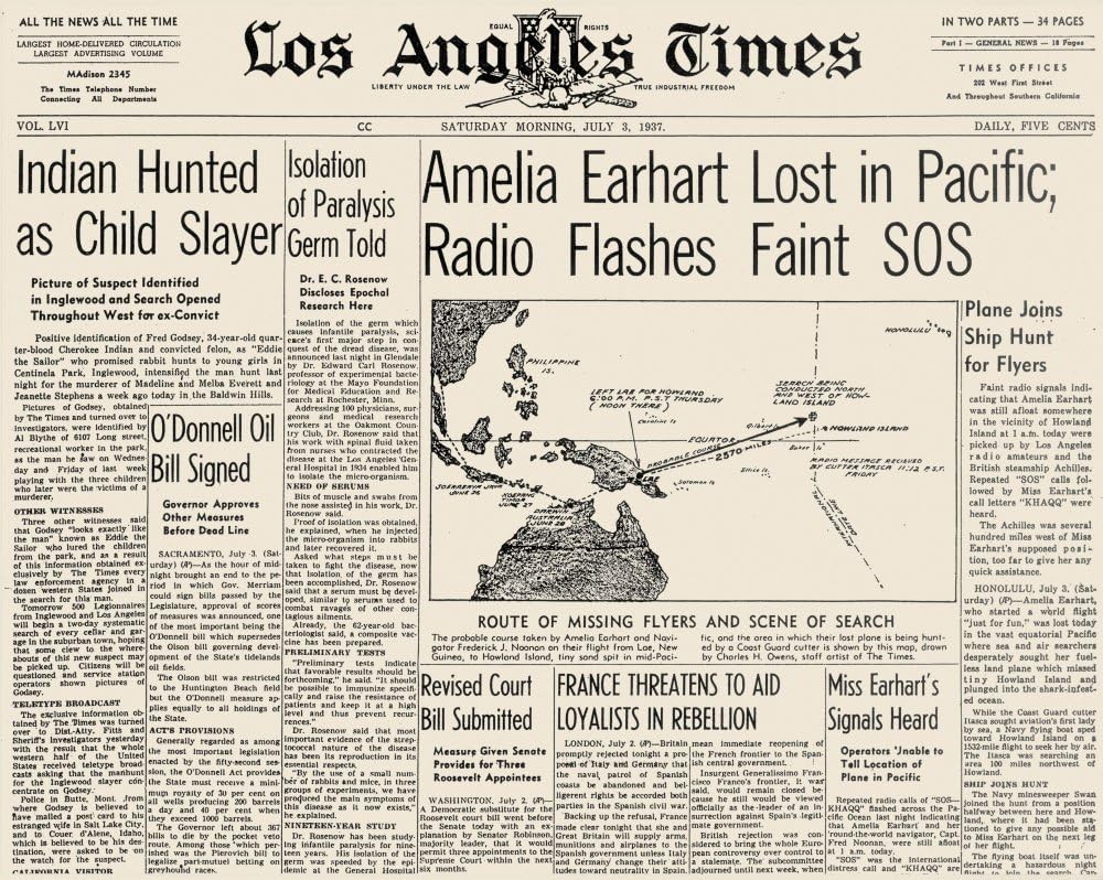 Earhart La Times 1937 Nfront Page Of The Los Angeles Times 3 July 1937 Announcing The Disappearance Of Amelia EarhartS (1898-1937) Plane Poster Print by (18 x 24)