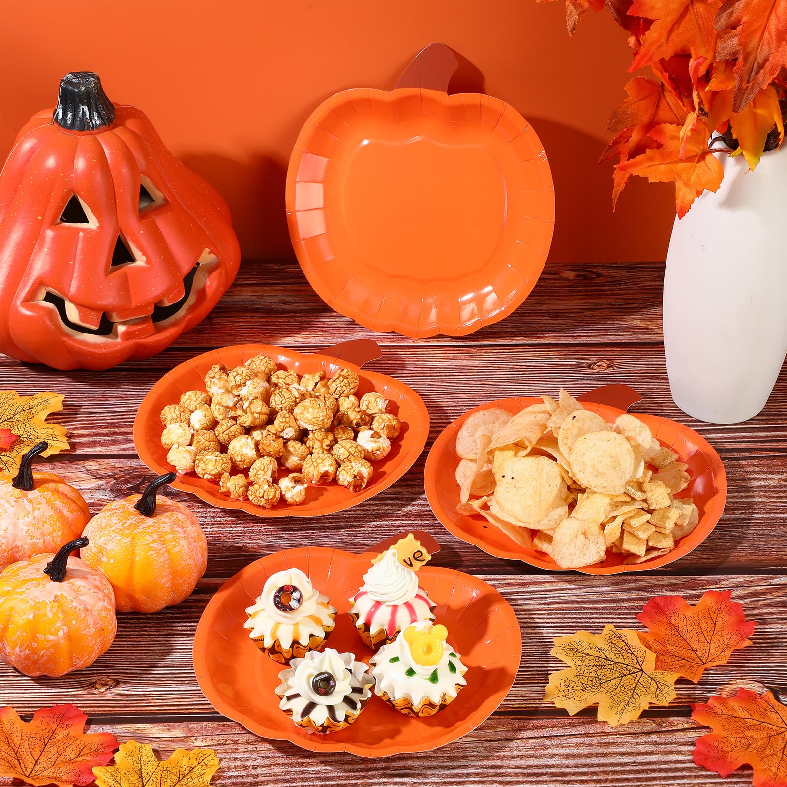 Uiifan 200 Pieces Pumpkin Paper Plates Fall Disposable Plates 7.48 Inch Thanksgiving Themed Orange Party Dinner Plates Orange Pumpkin Shape Plates for Fall Thanksgiving Catering Events Party Favors