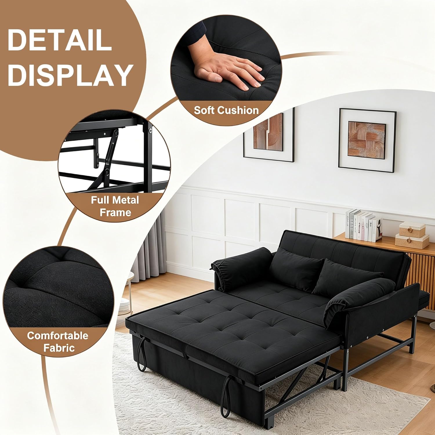 Convertible Sofa Bed, 3-in-1 Pull Out Couch Loveseat Sleeper Sofa with Adjustable Backrest & Soft Pillow, Small Couch for Small Spaces, Living Room, Apartment, Bedroom, Black