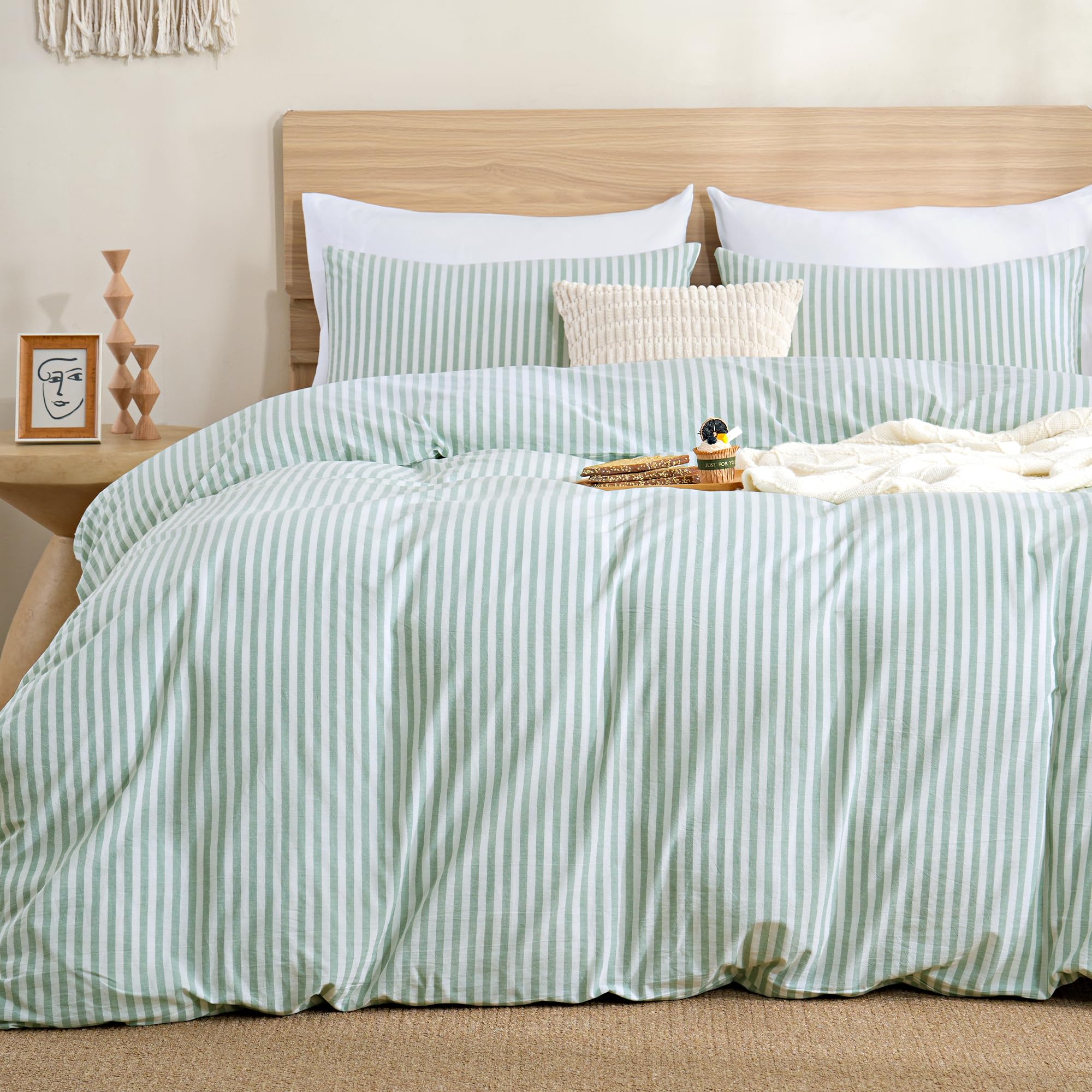 TOCOMOA Sage Green Striped Duvet Cover Set Washed Cotton Like Linen, King
