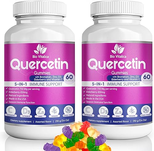 BioVitalica - Paquete de 2 gomitas de quercetina - Quercetina con bromelina vitamina C y zinc y saúco + vitamina D3-5 en 1 apoyo inmunológico -