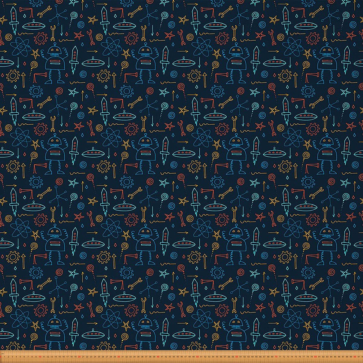 Robot Upholstery Fabric by The Yard - Cartoon Rocket Decorative Material for Kids, Boys, Girls - Gear Machine Science Pattern for Quilting Sewing - Blue Orange 1 Yard