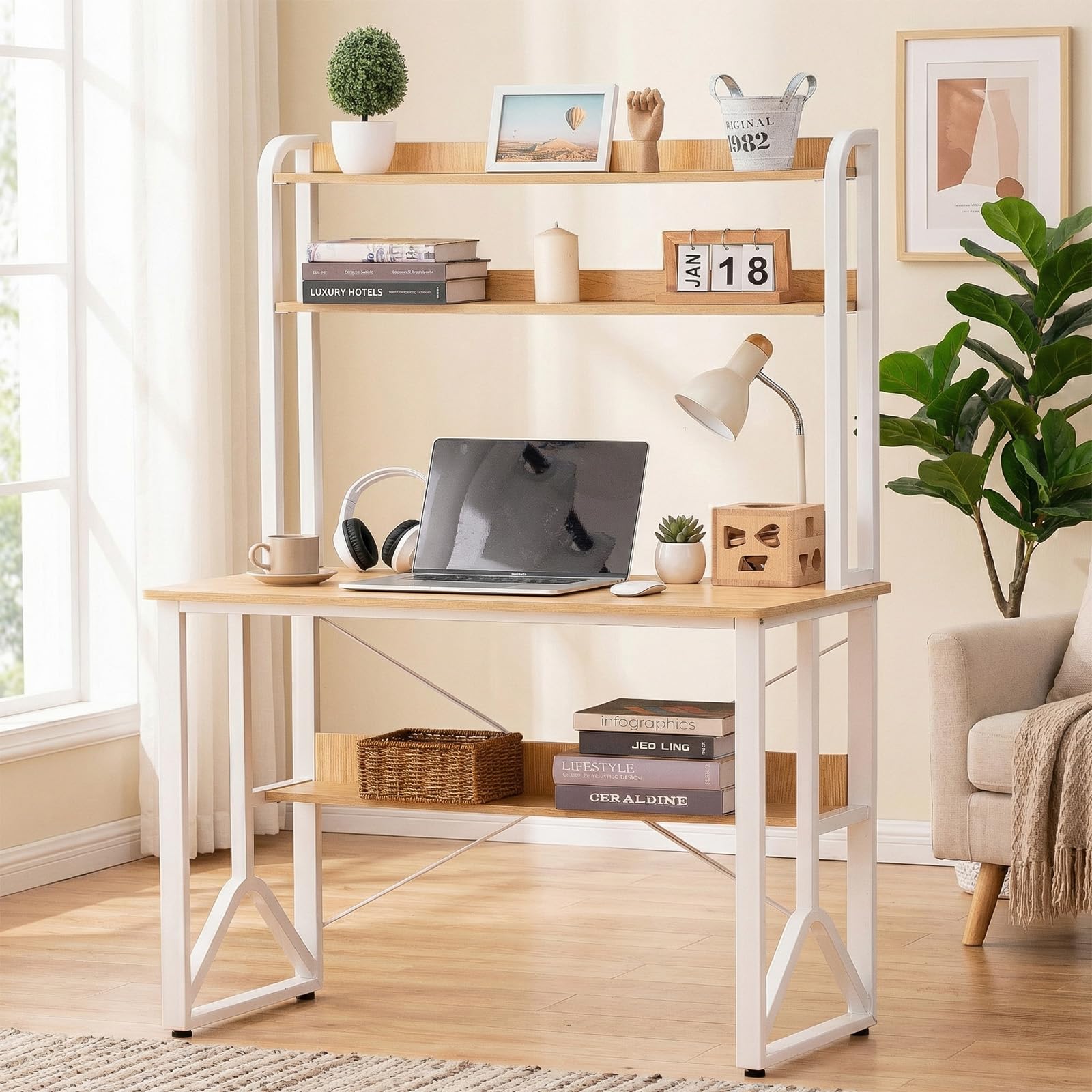 SHARPDO Scrivania Moderna 100x50 cm in Legno Chiaro con Mensole a Due Livelli e Struttura a Y Stabile – Scrivania da Studio per Studenti con Bordi Arrotondati e Protezione Anticaduta