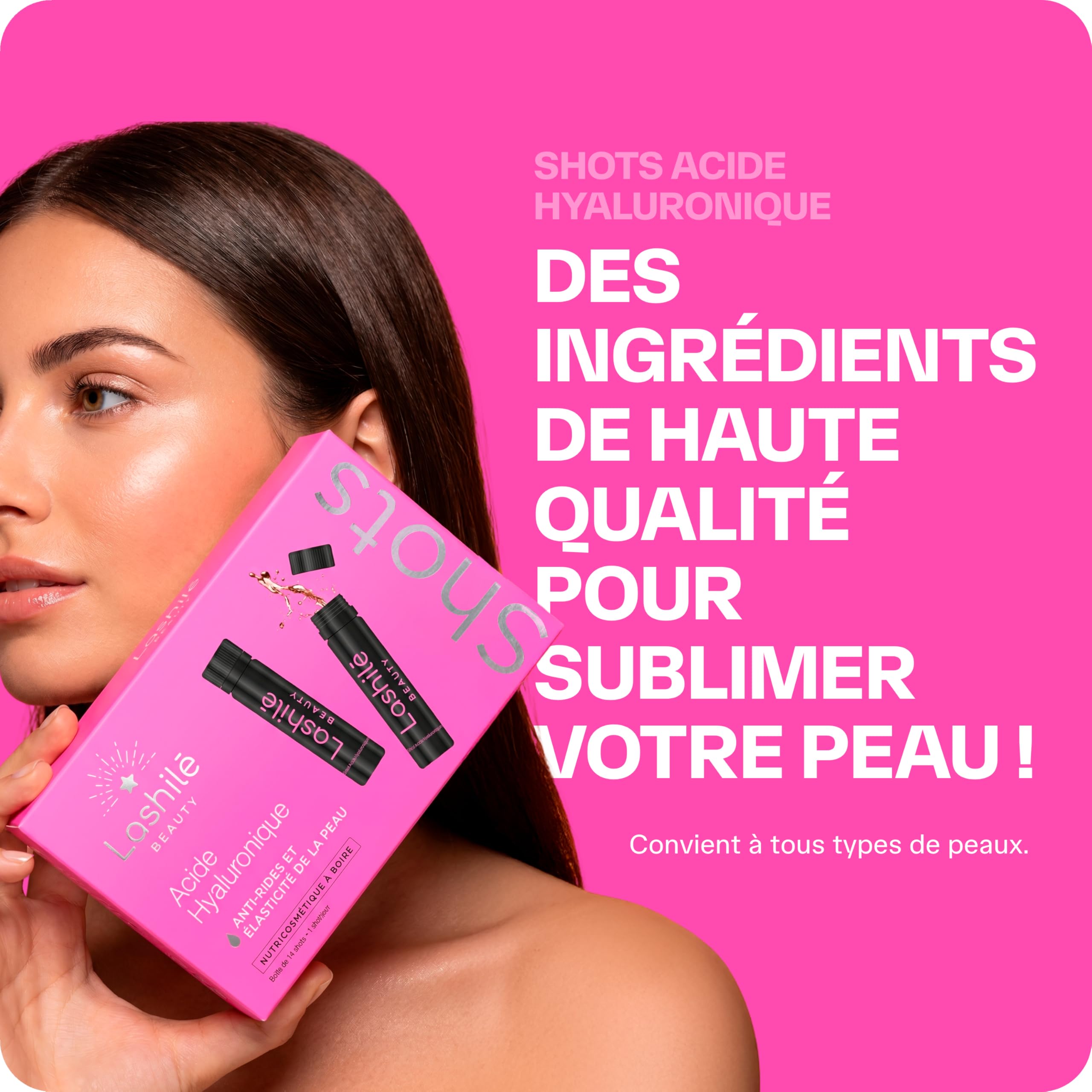 Lashilé Beauty - Complément Alimentaire - Anti-rides et élasticité de la peau - Shots Acide Hyaluronique 150 mg - Acide hyaluronique Zinc - Made in France - Programme 1 Mois