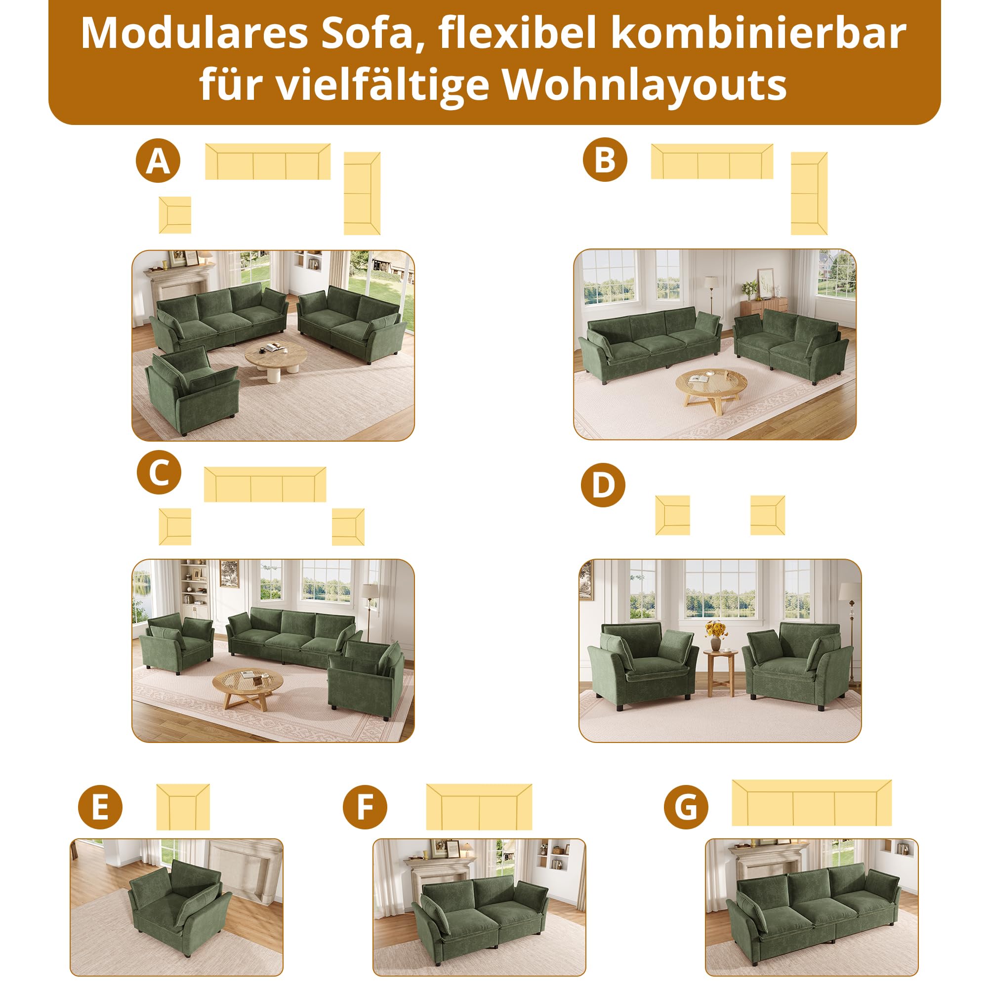 Idemon Combinación de sofá modular de 3 a 2, se puede combinar libremente, sofá de salón, tela de chenilla, 3 plazas + 2 plazas, con cojín, acolchado suave, comodidad en la nube, diseño moderno, verde
