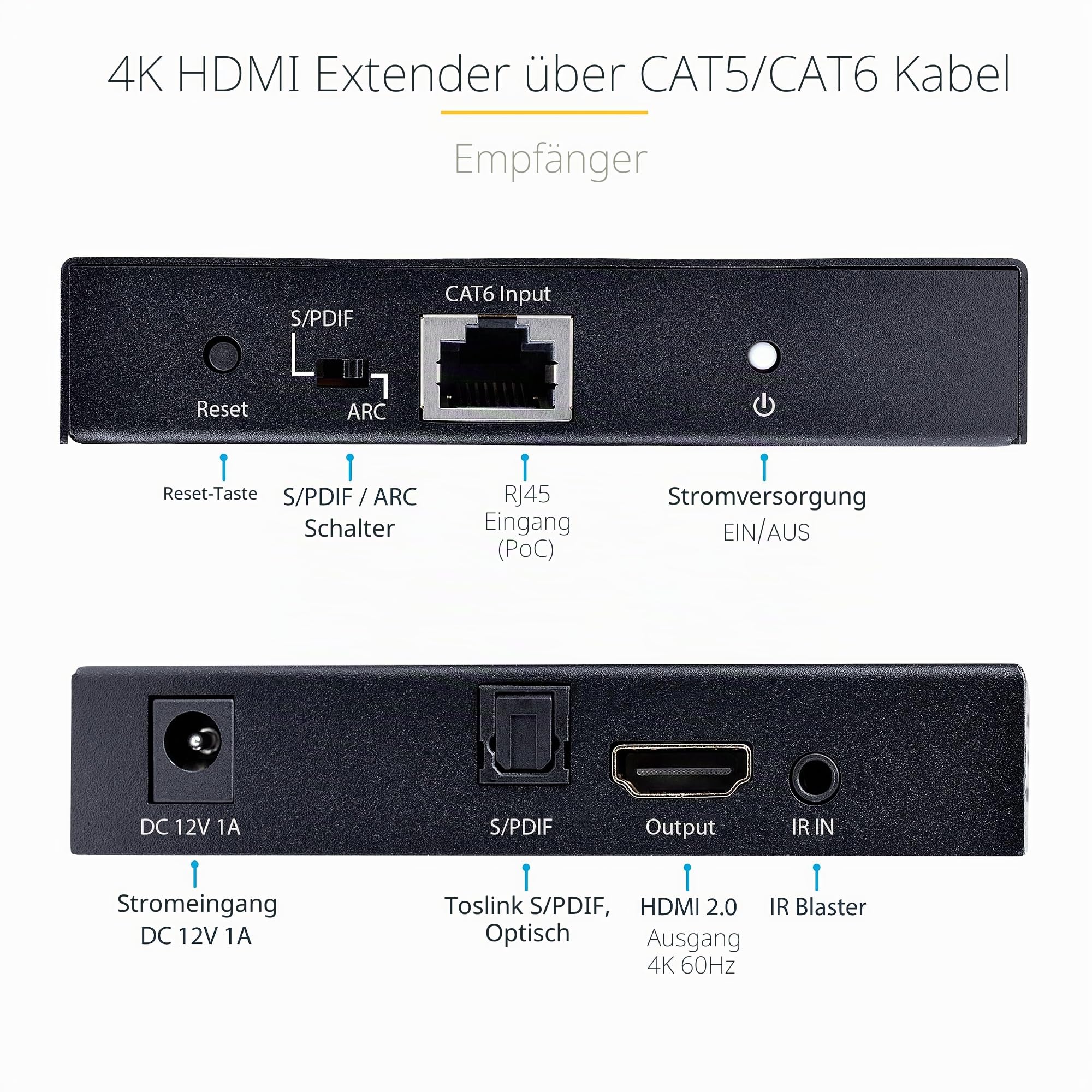 StarTech HDMI Extender über CAT5/CAT6, 4K 60Hz HDR, 70m, S/PDIF, IR, HDCP | Verlängerung, Power-over-Cable, 7.1 Audio, Digital Signage, Sender und Empfänger, Metallgehäuse