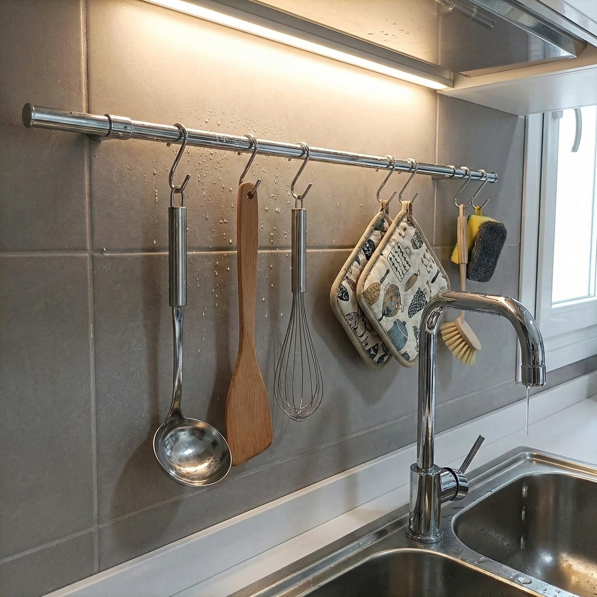 Barra Portautensili Cucina in Metallo 1.6x100 cm, 5 Ganci a S inclusi, Portautensili da Cucina Appendi Mestoli e Utensili Sottopensile