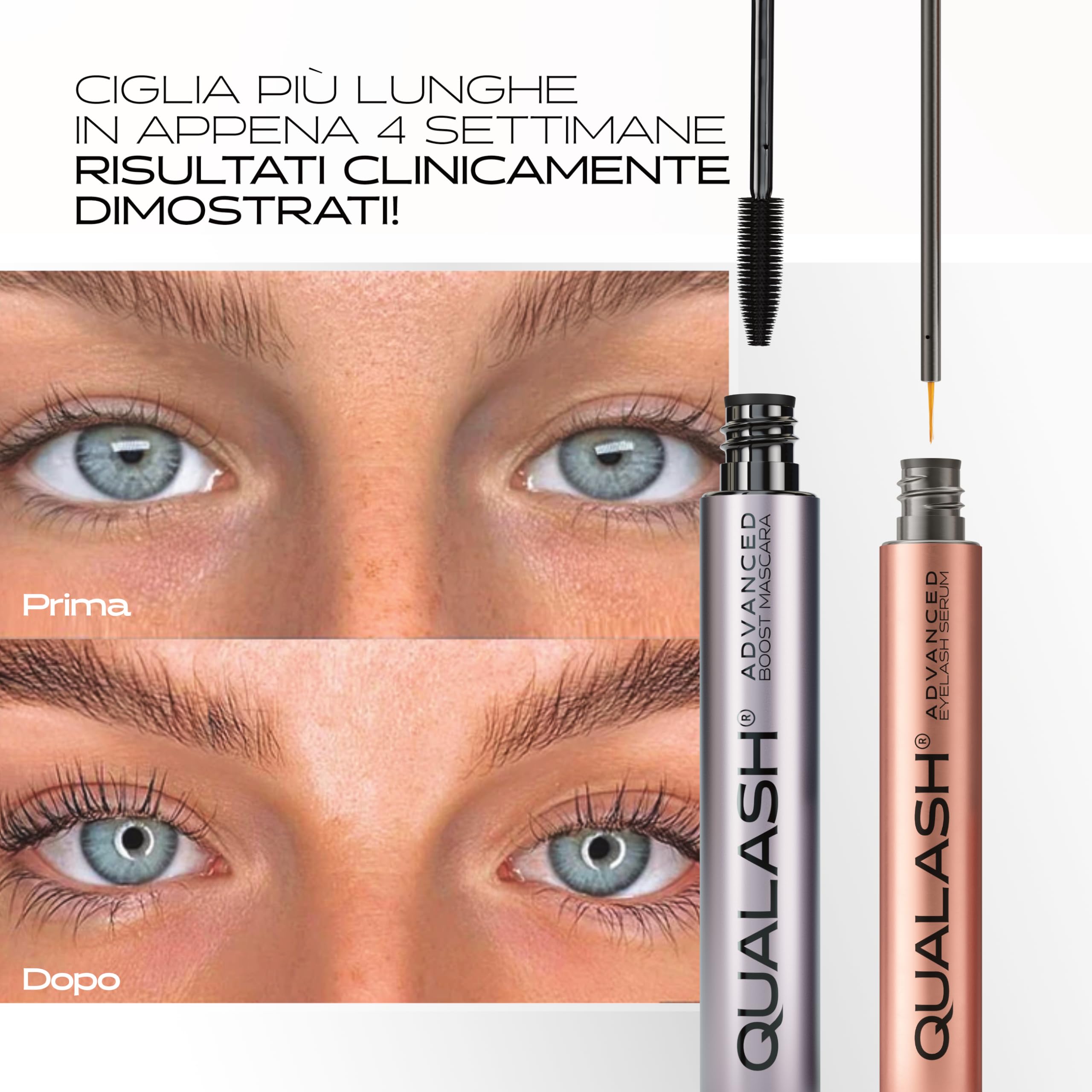 Siero Ciglia Allungante (3.5 ml) + Mascara Volumizzante e Allungante con Peptidi (10 ml), Exclusive Duo Per Ciglia più Lunghe e Folte