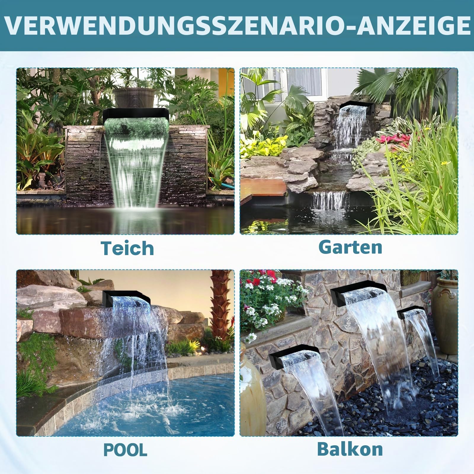Teich Wasserfall Auslaufset mit 45 W 3000 L/H Pumpe, 30 cm Edelstahl Wasserfall Set mit Buntem LED-Licht, Teichwasserfall-Filter für Gartenteich Außengartenteiche und Wasserspiele