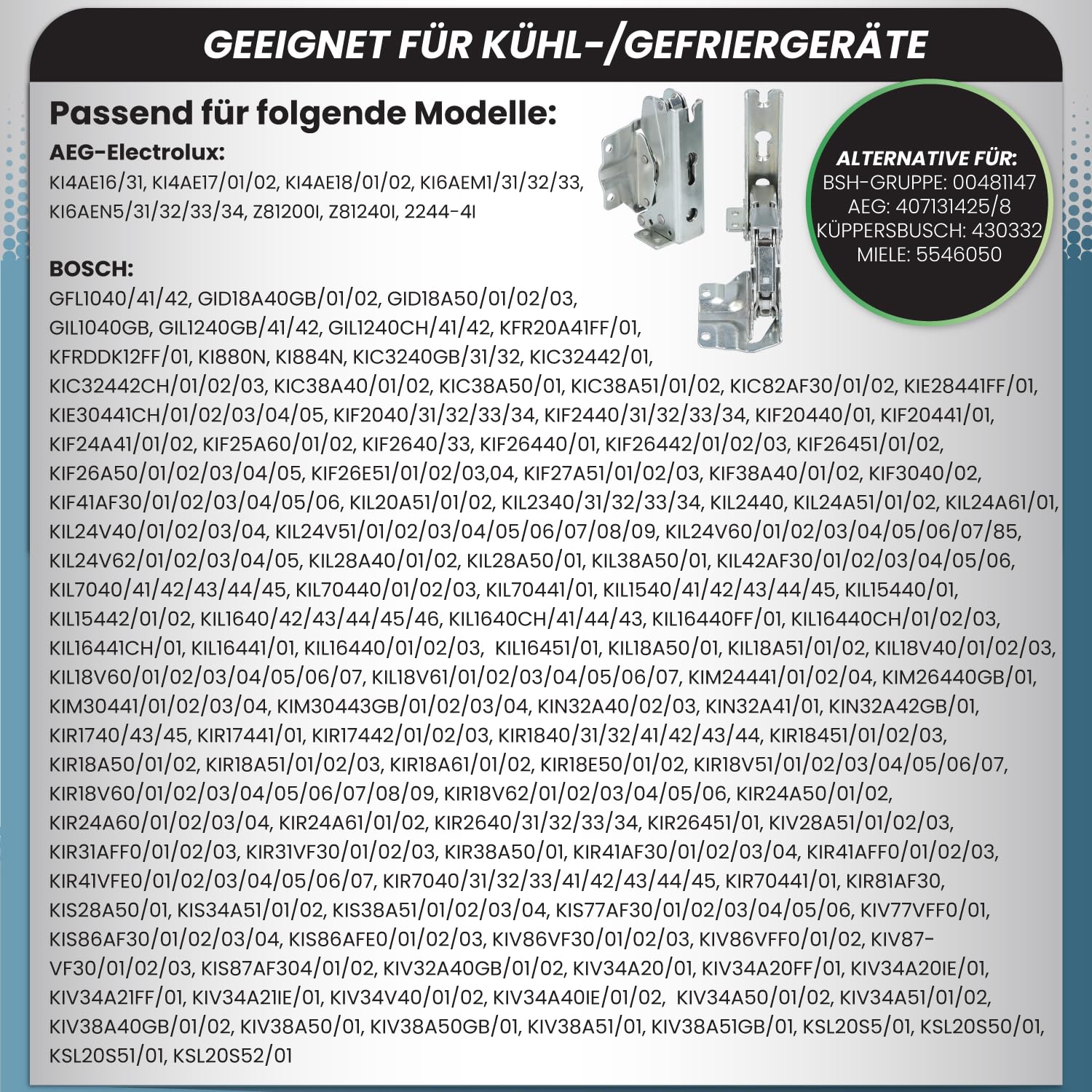 McFilter I 2x charnière de réfrigérateur compatible avec Bosch Siemens Miele AEG Neff 00481147 481147 Neff AEG 407131425/8 Miele 5546050 00481145 00499570 00499569 Pièce de rechange