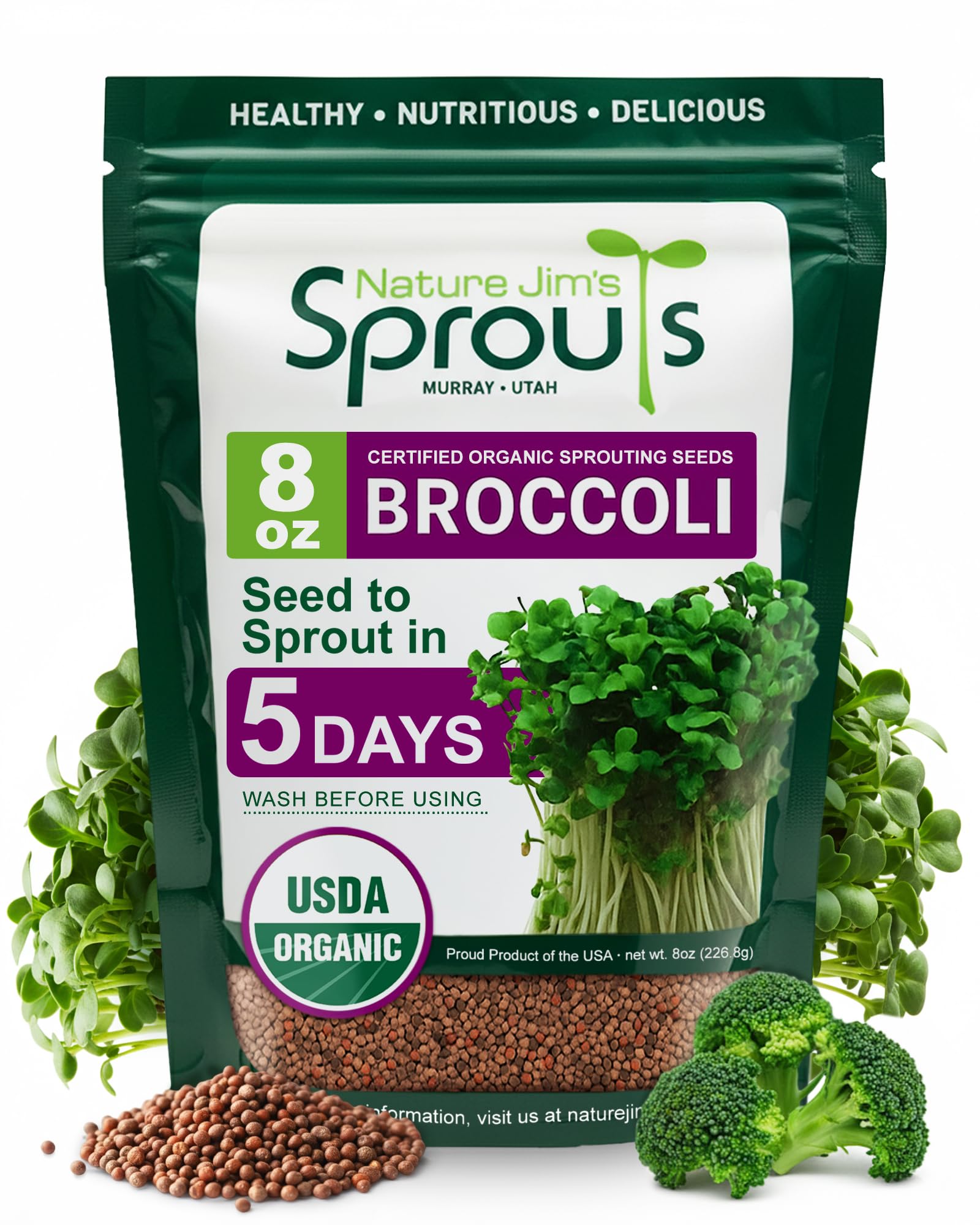 Nature Jims Sprouts Organic Broccoli Seeds for Sprouting – Certified Non-GMO, Rich in Sulforaphane, Swift-Growing Microgreen Seeds for Nutritious Broccoli Sprouts – Ideal for Indoor/Outdoor Use – 8oz