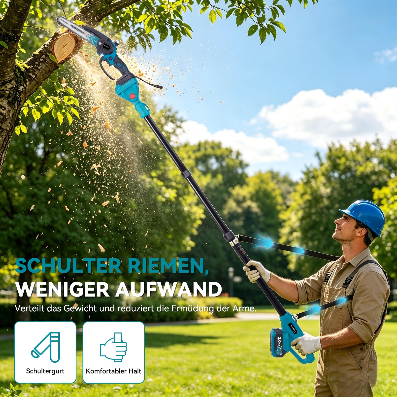 Yofidra 8 Zoll Elektrische Kettensäge mit Teleskopstange & 30mm Elektrische Astschere, Hochentaster Akku mit 2x3000mAh Akkus, 4-in-1 Gartenwerkzeug Set, Max. Reichweite bis 4,2m, blau
