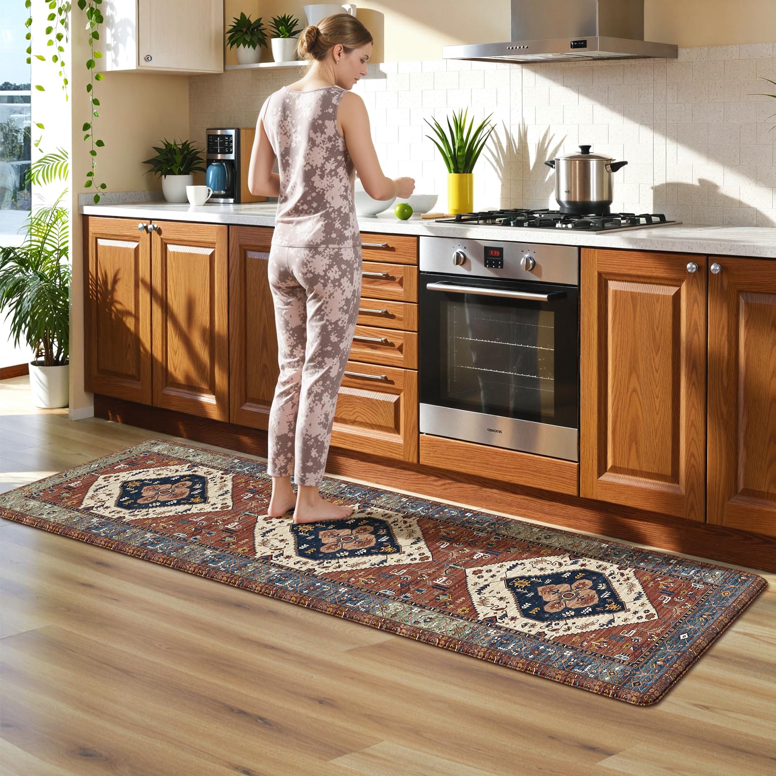 KIMODE Anti Fatigue Mats for Kitchen Floor 24"x71", Red Farmhouse Kitchen Runner Rugs, Cushioned Kitchen Floor Mats Non Skid, Boho Memory Foam Kitchen Mats for Laundry Office Sink Desk