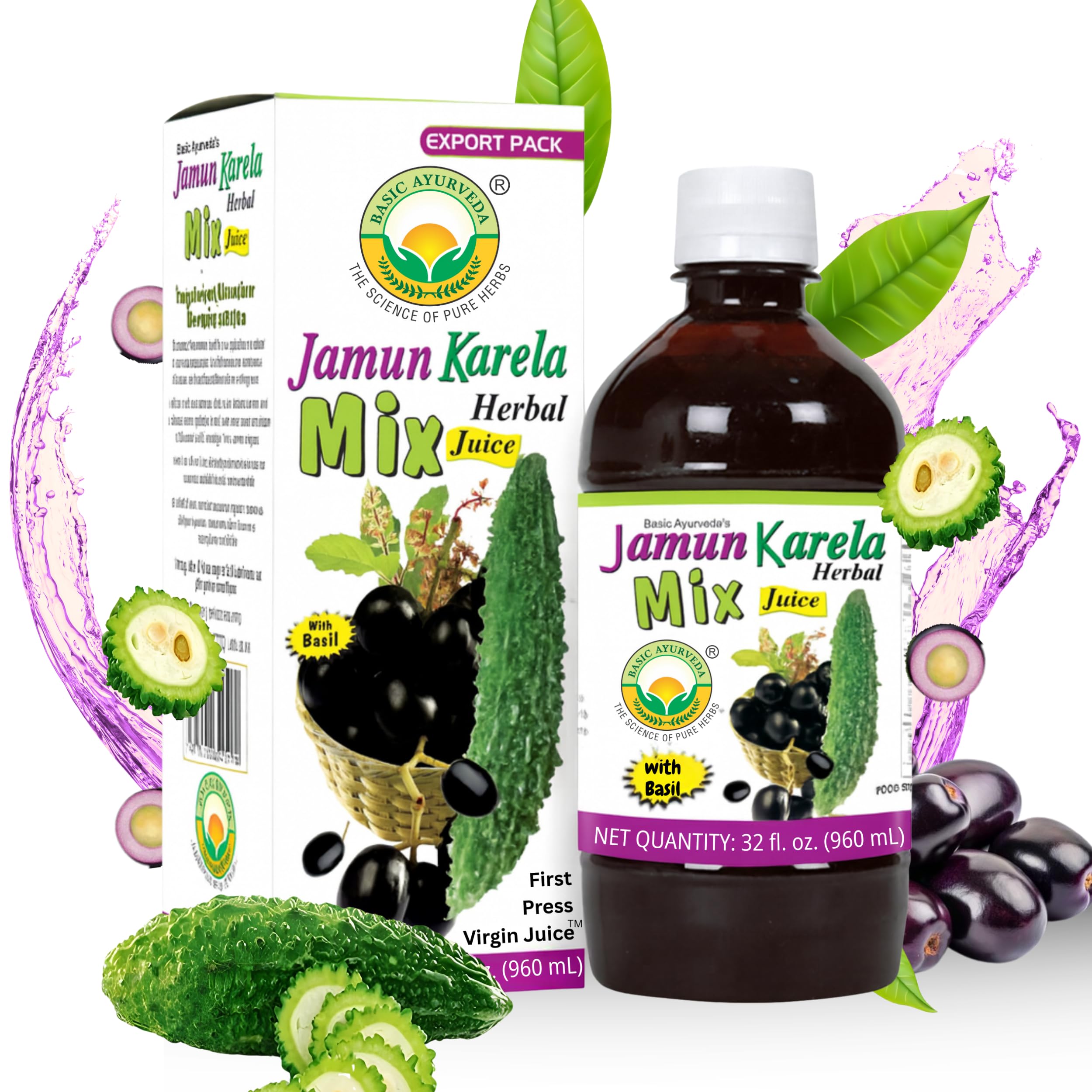 BASIC AYURVEDA Jamun Karela Herbal Mix Juice with Holy Basil | 32.46 Fl Oz (960ml) | Natural Indian Black Berry & Bitter Gourd Juice | Plant-Based Ayurvedic Wellness Drink | No Added Sugar
