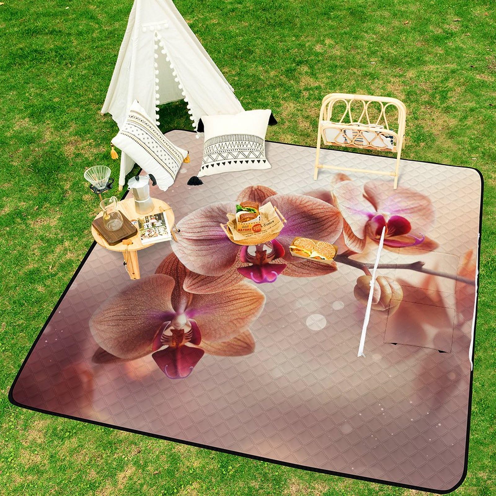 Couverture de pique-nique imperméable et résistante au sable - Orchidée sur fond - Tapis de plage pliable pour le printemps, l'été, le camping, le parc, les voyages