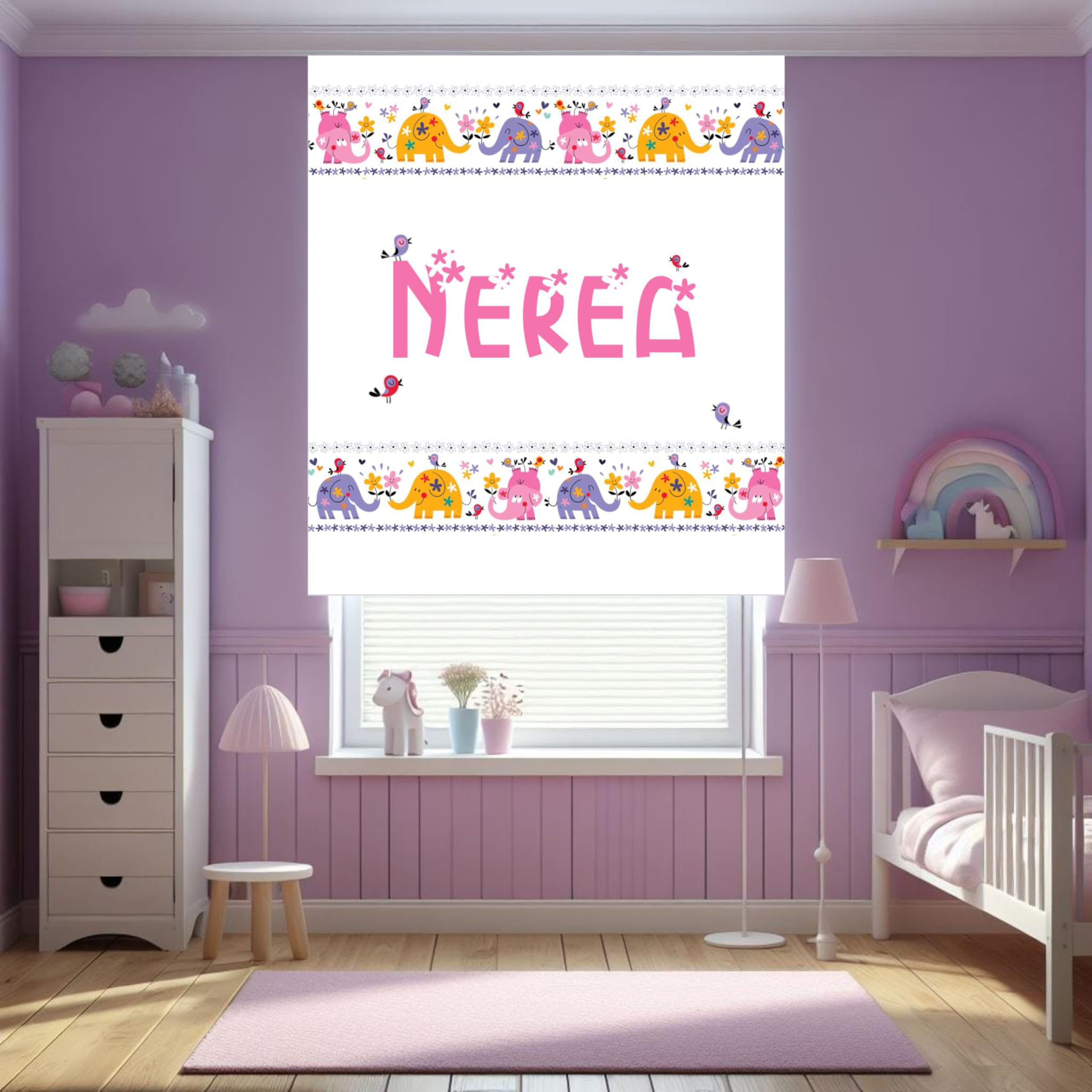 Estor Infantil Personalizado con Nombre | Estor infantil niña estampado Elefantes y Flores 010| Cortina Enrollable Translúcida para Habitación de Bebé o Niña | Hecho en España (40X60)