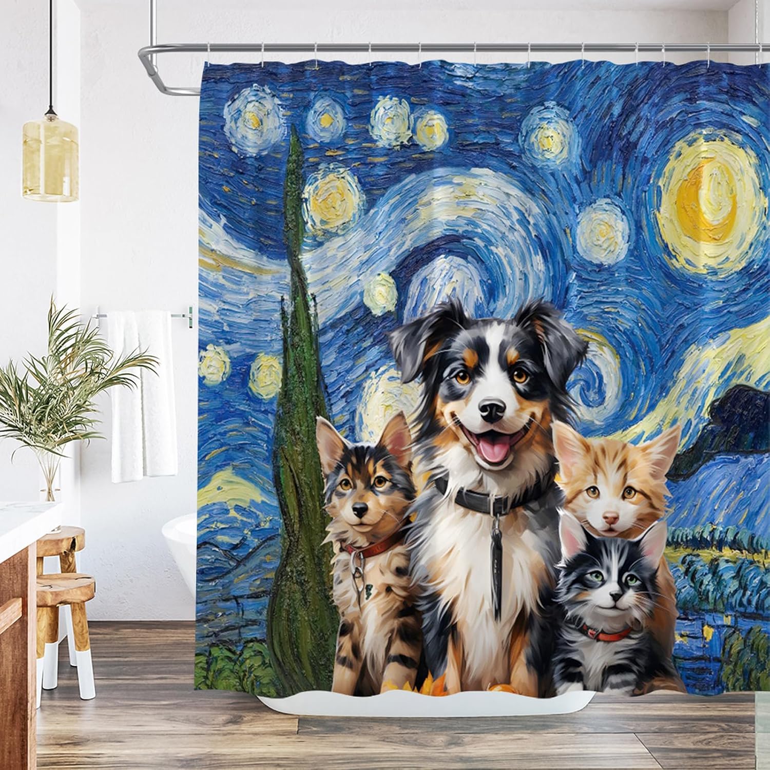 Funny Dog and Cat Shower Curtain Cute Animal Starry Night Oil Painting Style Vintage Bathroom Decor Set Fabric with Hook 84Wx70H Inch