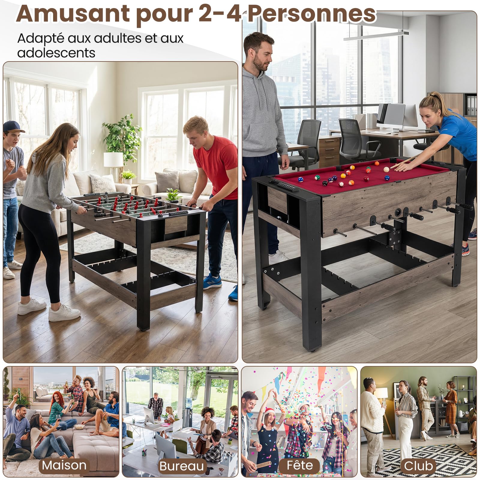 COSTWAY Table de Baby-Foot Pivotante avec Joueurs, Queues, Balles, Table Multijeux avec Pieds Réglables et Marqueur, Billard pour 2-4 Adultes Adolescents pour Salle de Jeux Fêtes
