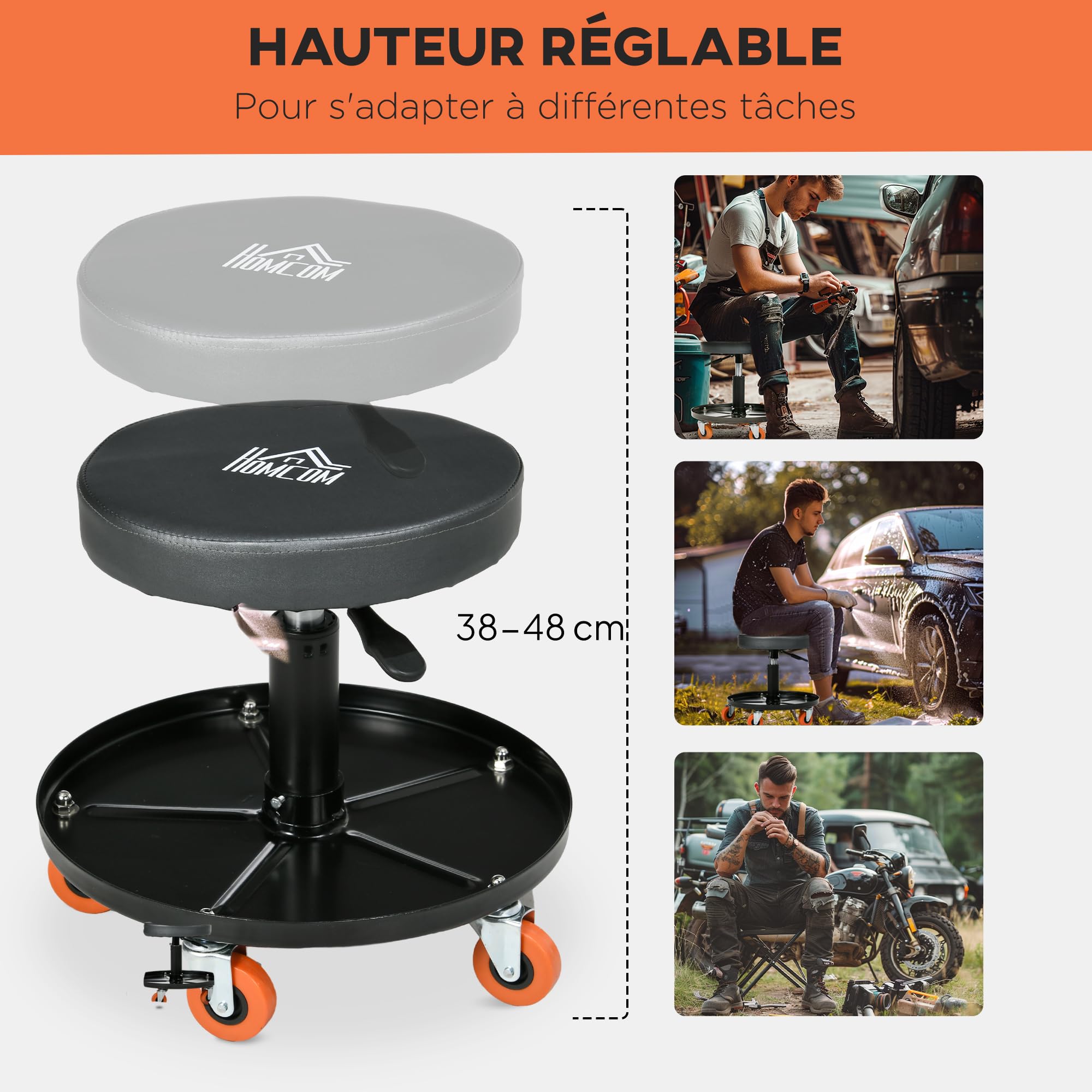 HOMCOM Tabouret de mécanicien, Hauteur Réglable, Siège Pivotant, Noir | Servante d'Atelier, Tabouret d'Atelier à Roulettes, Plateau de 100 kg, pour le Garage et la Réparation Automobile