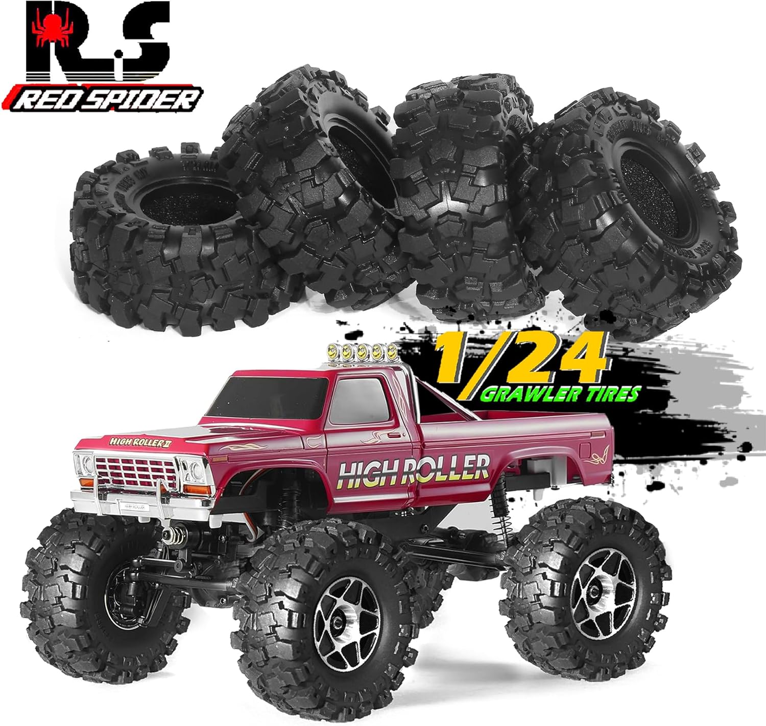 REDSPIDER 1.0 Crawler Tires (4pcs) Rubber Mud Terrain Tires With foam insert for 1/18 1/24 RC Crawler TRX4M Axial SCX24 FMS FCX18 Tires ﻿ (1.0in Tires)