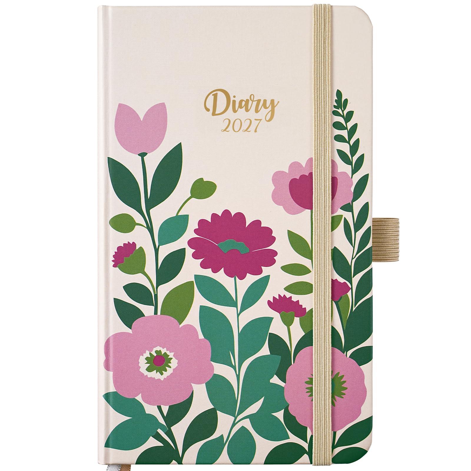 Diary 2027 Pocket Week to View, Small Diary Floral Hardcover, 16×9.5×1.3 cm
